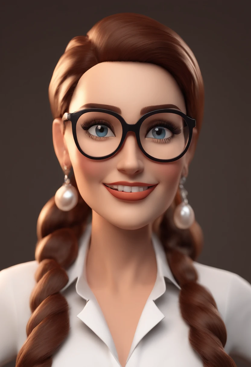 Cartoon character of a happy woman with black glasses with white dress shirt, in an optician, place that sells eyeglasses, local em Loja com predominancia branca, animation character, Caractere estilizado, animation style rendering, 3D estilizado, 3 d render stylized, , Personagem 3D, Personagem 3D, 3d rendering stylized, 3 d character render, personagem de desenho animado, Personagem de close up, Pose de personagem, (Estilo Pixar) (melhor qualidade) (pele detalhada) (textura detalhada) (8k) (argila) (clear lighting) (foco nítido)