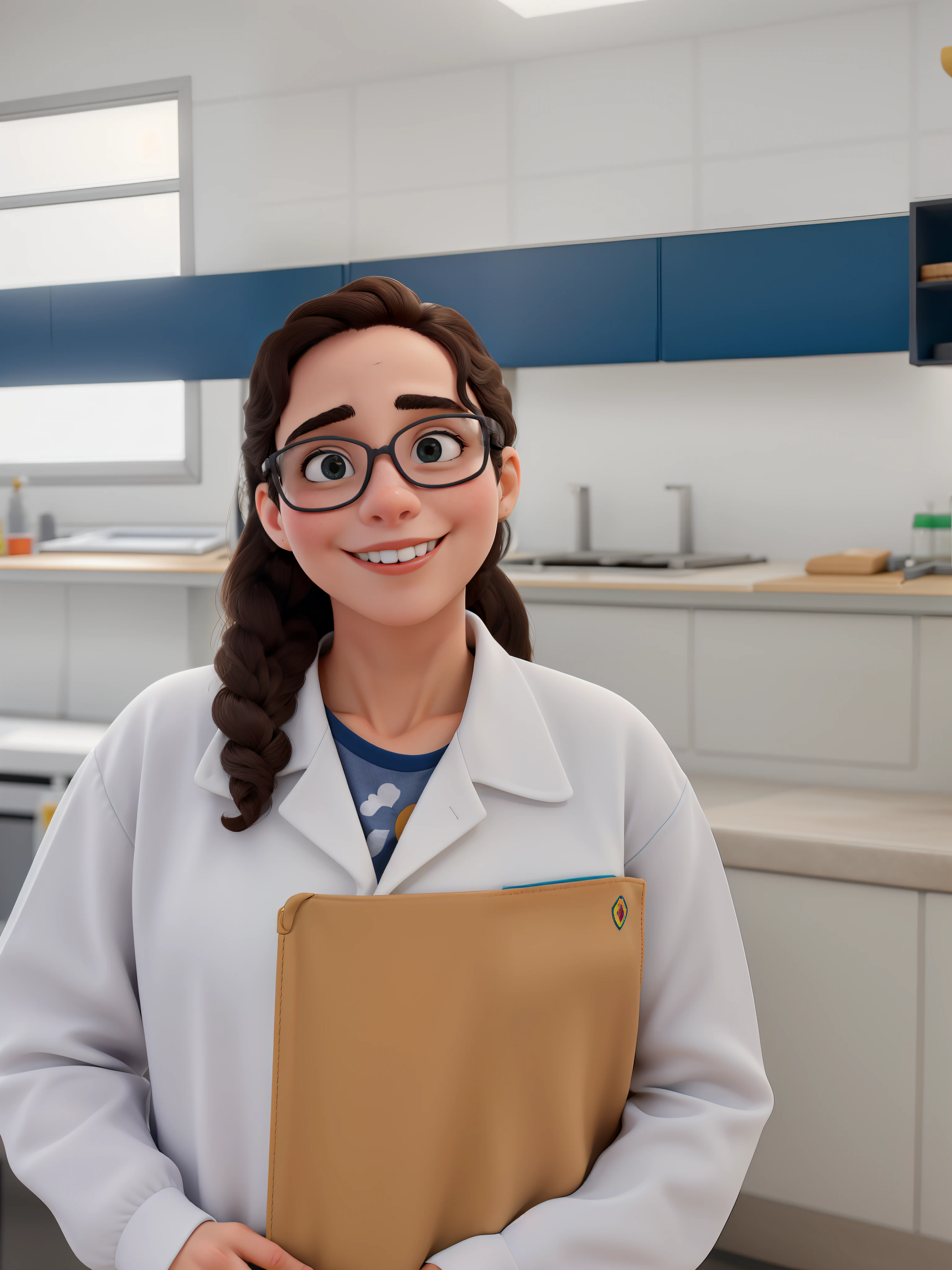 Obra-prima, de melhor qualidade, uma jovem emum laboratorio de quimica, com um jaleco branco com o nome Marina G. S bordado