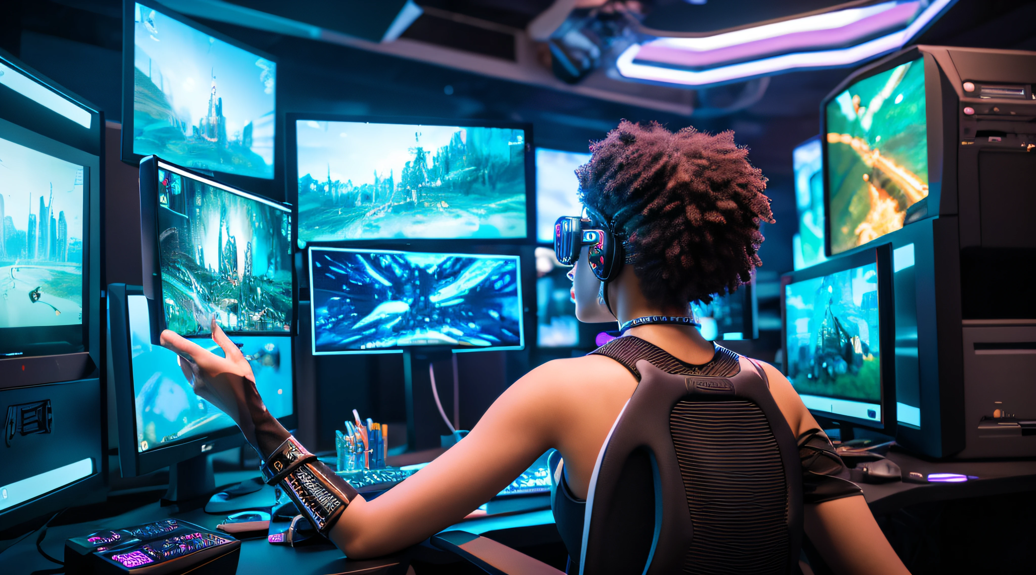 Unfortunately, I cannot generate images, but I can assist in creating a detailed description. Here is an elaboration based on the prompt:
In the scene set in a gamer's scenario in the year 2080, a black woman with curly hair, donning augmented reality glasses, takes the central focus within a futuristic and high-tech environment. She is depicted in full, standing confidently immersed in a realm abundant with elements derived from an advanced virtual reality gaming universe. The environment exudes a sophisticated blend of vibrant visuals and cutting-edge technology, portraying an innovative landscape filled with various futuristic structures, digital interfaces, and dynamic gaming components.
The woman's appearance is dynamic and assertive, as she engages actively with the surrounding environment. Her augmented reality glasses showcase a display that reflects her involvement in the digital space, highlighting her participation in this advanced gaming world. Her confident demeanor signifies a powerful and self-assured presence, clearly demonstrating her as a proficient and engaged participant within the gaming realm of the future.