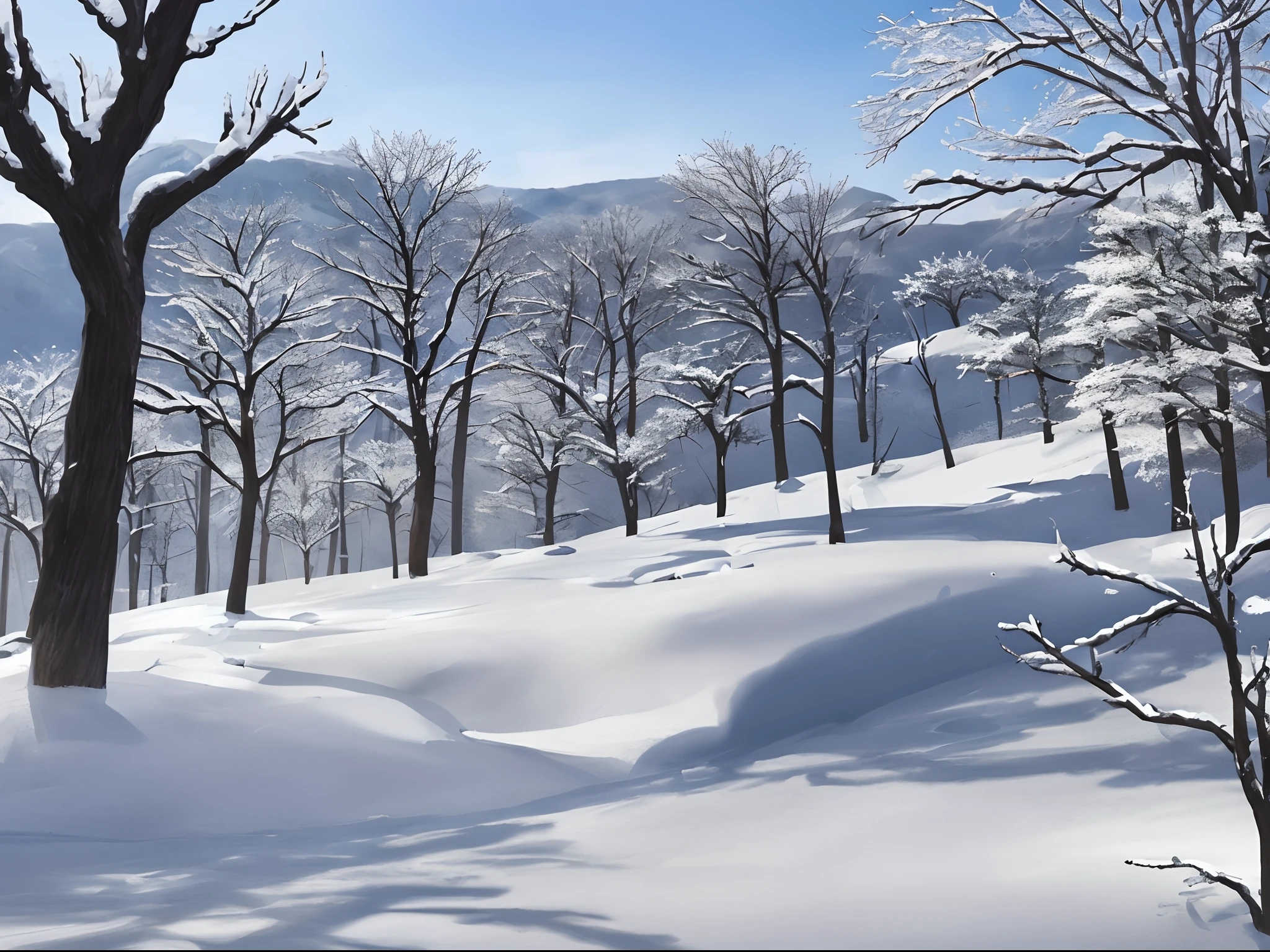 Drifting snow and snow,There are no characters,A few trees with no green leaves,It was covered with snow,Snowflakes flying,Chinese ink painting style