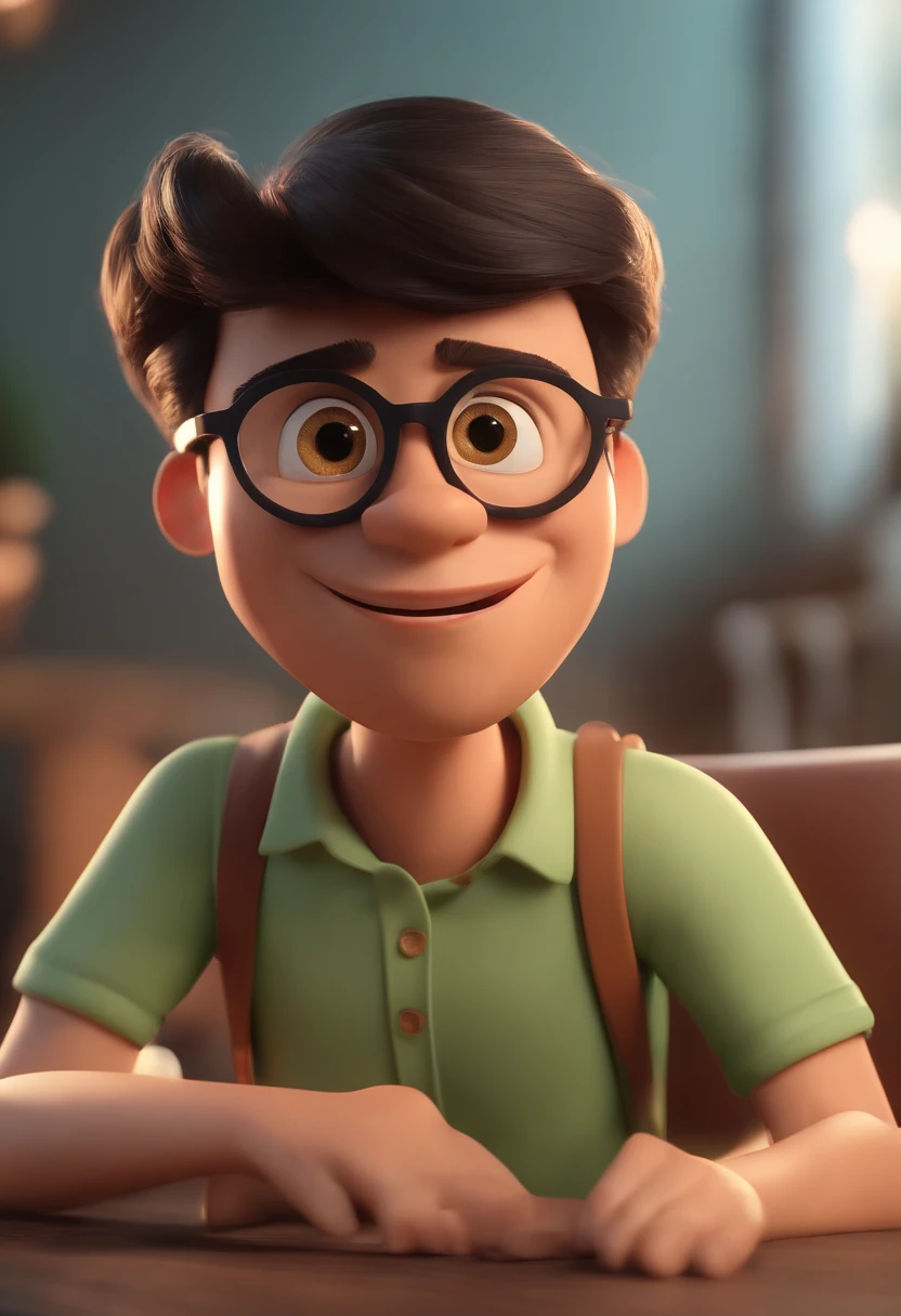 Cartoon character of a man wearing black glasses and a blue shirt, um personagem animado, Caractere estilizado, animation style rendering, 3D estilizado, Arnold Maya render, 3 d render stylized, toon render keyshot, Personagem 3D, Personagem 3D, 3d rendering stylized, 3 d character render, personagem de desenho animado, Personagem de close up, Pose de personagem, (Estilo Pixar) (master part:1.2) (Bokeh) (best quality) (pele detalhada) (textura detalhada) (8k) (argila) (Cinematic lighting) (foco nítido，Senta e vaza a parte superior do corpo