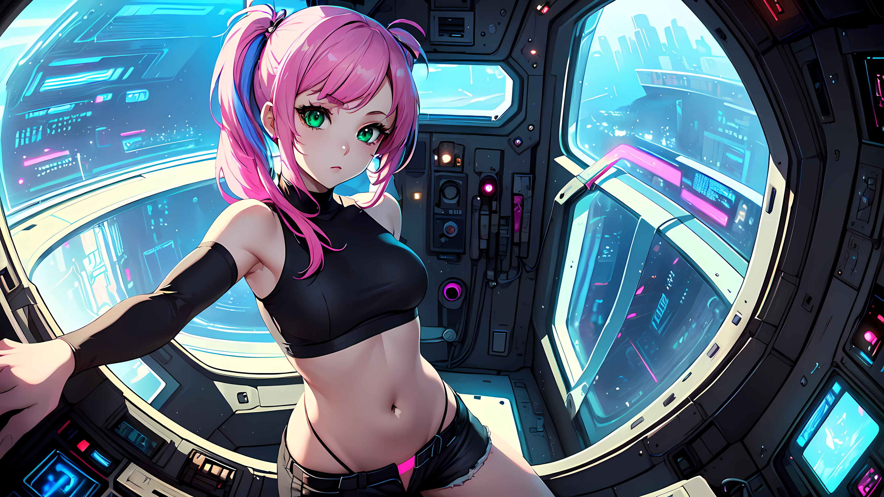 hd masterpiece, anime girl ((20year old, dressed a tight crop top, exposed navel, very short black shorts, sneakers, medium breasts, multicolor pink hair, twin ponytails, perfect model body:1.3, detailed green eyes:1.5)) ((laying on a bed in a spaceship looking at her phone:1.5)), inspired by Yuumei, dreamy cyberpunk girl, anime cyberpunk art, girl in space, digital cyberpunk - anime art, cyberpunk anime girl, by Yuumei, digital cyberpunk anime art, cyberpunk, cyberpunk anime art, cyberpunk vibe, cyber space, cyberpunk art style, on a spaceship ((solo:1.6)) ((pov from behind:1.6))