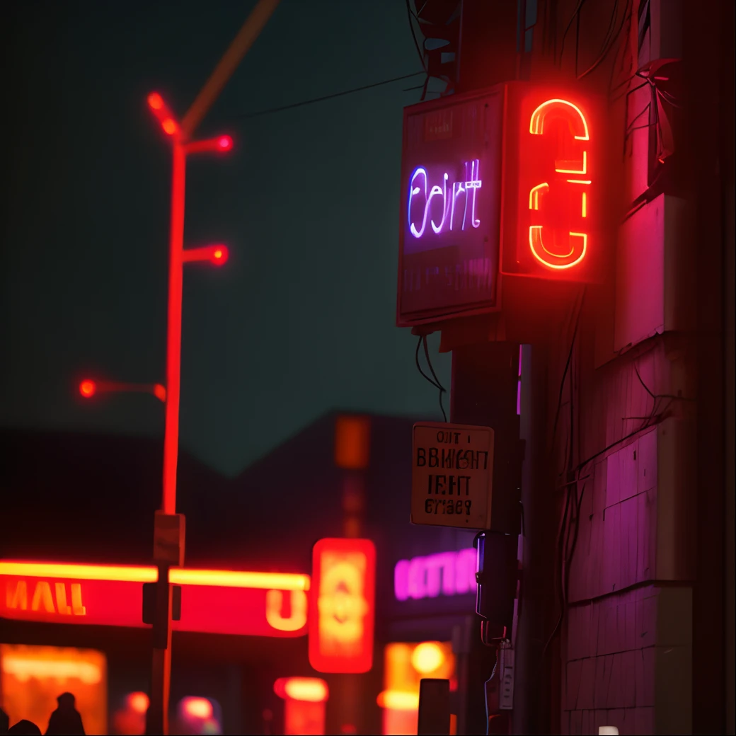 Creates a realistic image, outside, showing a nightclub, with reddish-orange neon lights, la nuit