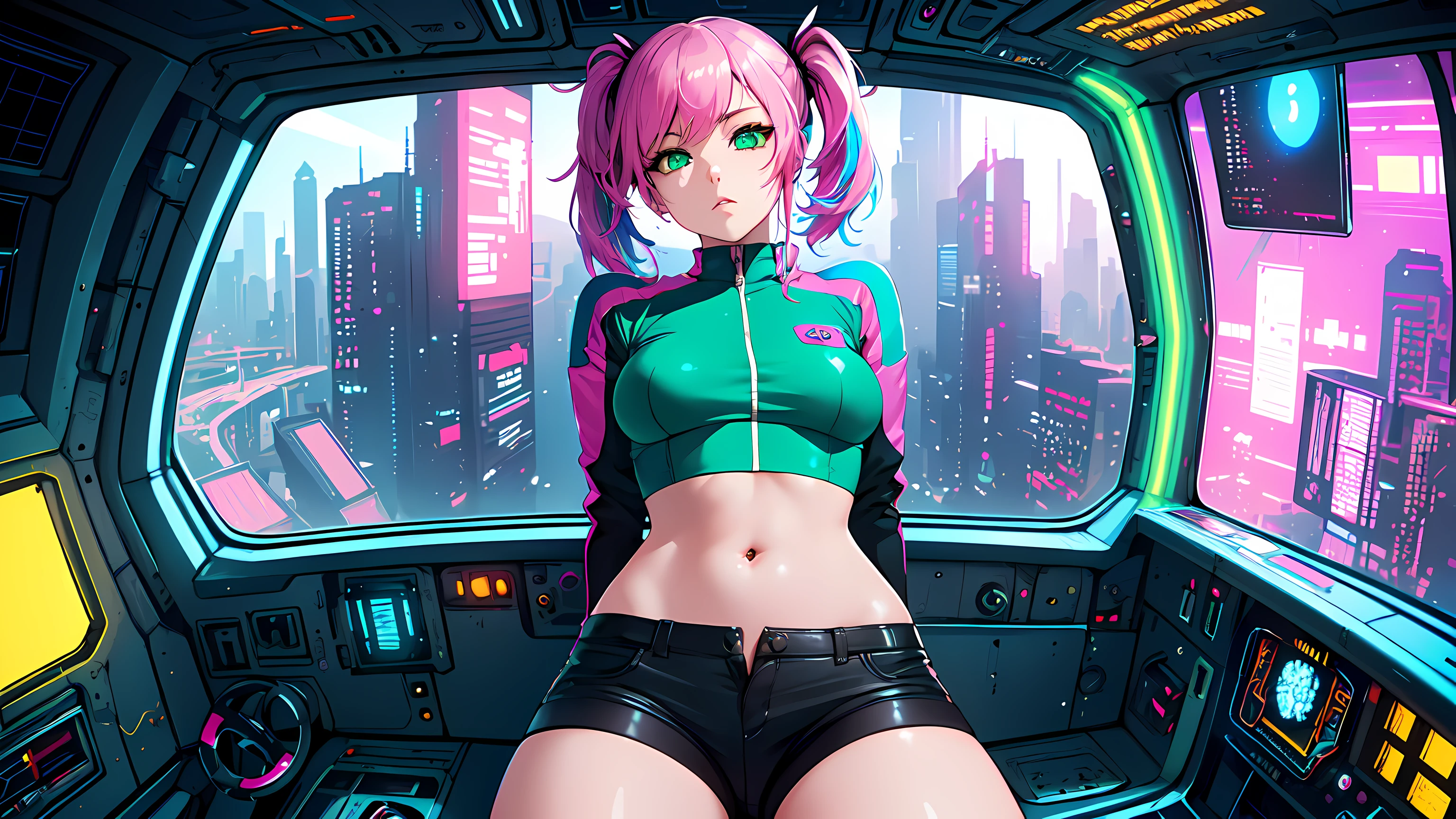 hd masterpiece, anime girl ((20year old, dressed a tight crop top, exposed navel, very short black shorts, sneakers, medium breasts, multicolor pink hair, twin ponytails, perfect model body:1.3, detailed green eyes:1.5)) ((laying on a bed in a spaceship looking at her phone:1.5)), inspired by Yuumei, dreamy cyberpunk girl, anime cyberpunk art, girl in space, digital cyberpunk - anime art, cyberpunk anime girl, by Yuumei, digital cyberpunk anime art, cyberpunk, cyberpunk anime art, cyberpunk vibe, cyber space, cyberpunk art style, on a spaceship ((solo:1.6)) ((pov from behind:1.6))
