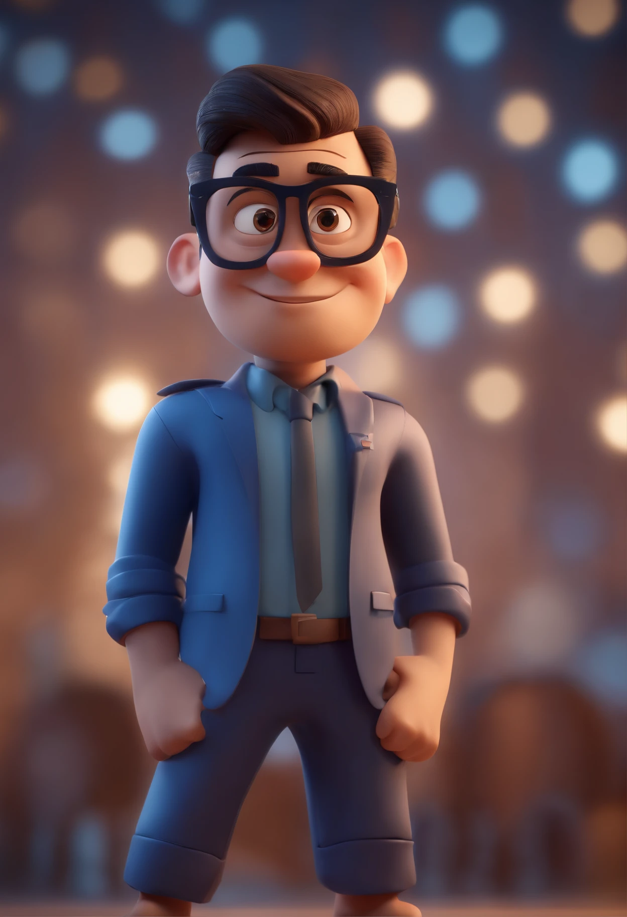 Cartoon character of a man wearing black glasses and a blue shirt, um personagem animado, Caractere estilizado, animation style rendering, 3D estilizado, Arnold Maya render, 3 d render stylized, toon render keyshot, Personagem 3D, Personagem 3D, 3d rendering stylized, 3 d character render, personagem de desenho animado, Personagem de close up, Pose de personagem, (Estilo Pixar) (master part:1.2) (Bokeh) (best quality) (pele detalhada) (textura detalhada) (8k) (argila) (Cinematic lighting) (foco nítido，Senta e vaza a parte superior do corpo