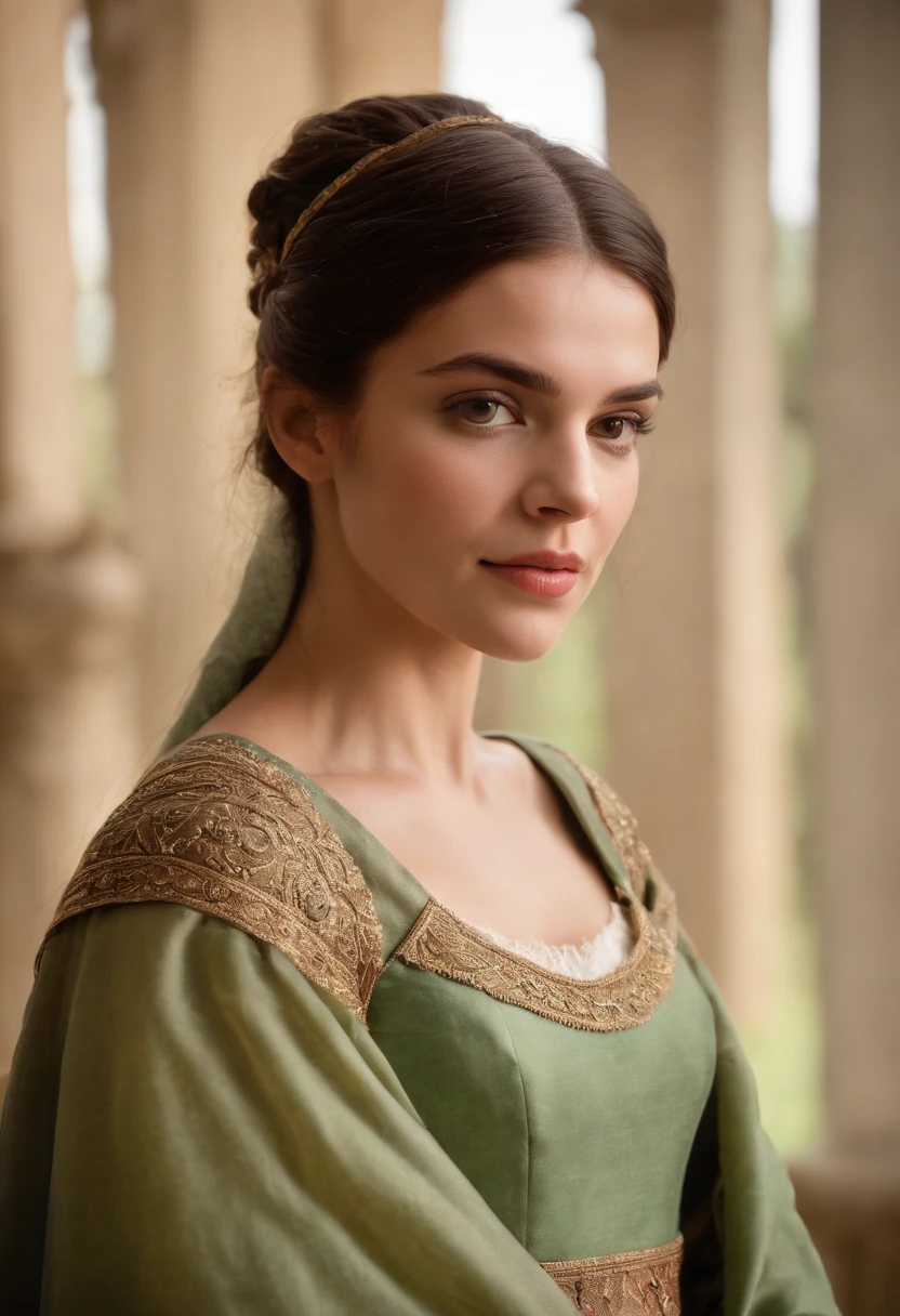 (((uma ferida avermelhada profunda atravessa sua bochecha esquerda))) tez justa, mulher em torno de 19 anos, cabelos brancos naturais, olhos verdes distintos, vestindo kohl, slender and graceful, Beautiful, luz de velas em um ambiente medieval, Ultra sharp focus, tiro realista, roupas femininas medievais, cores tetradicas (cicatriz:1.4)