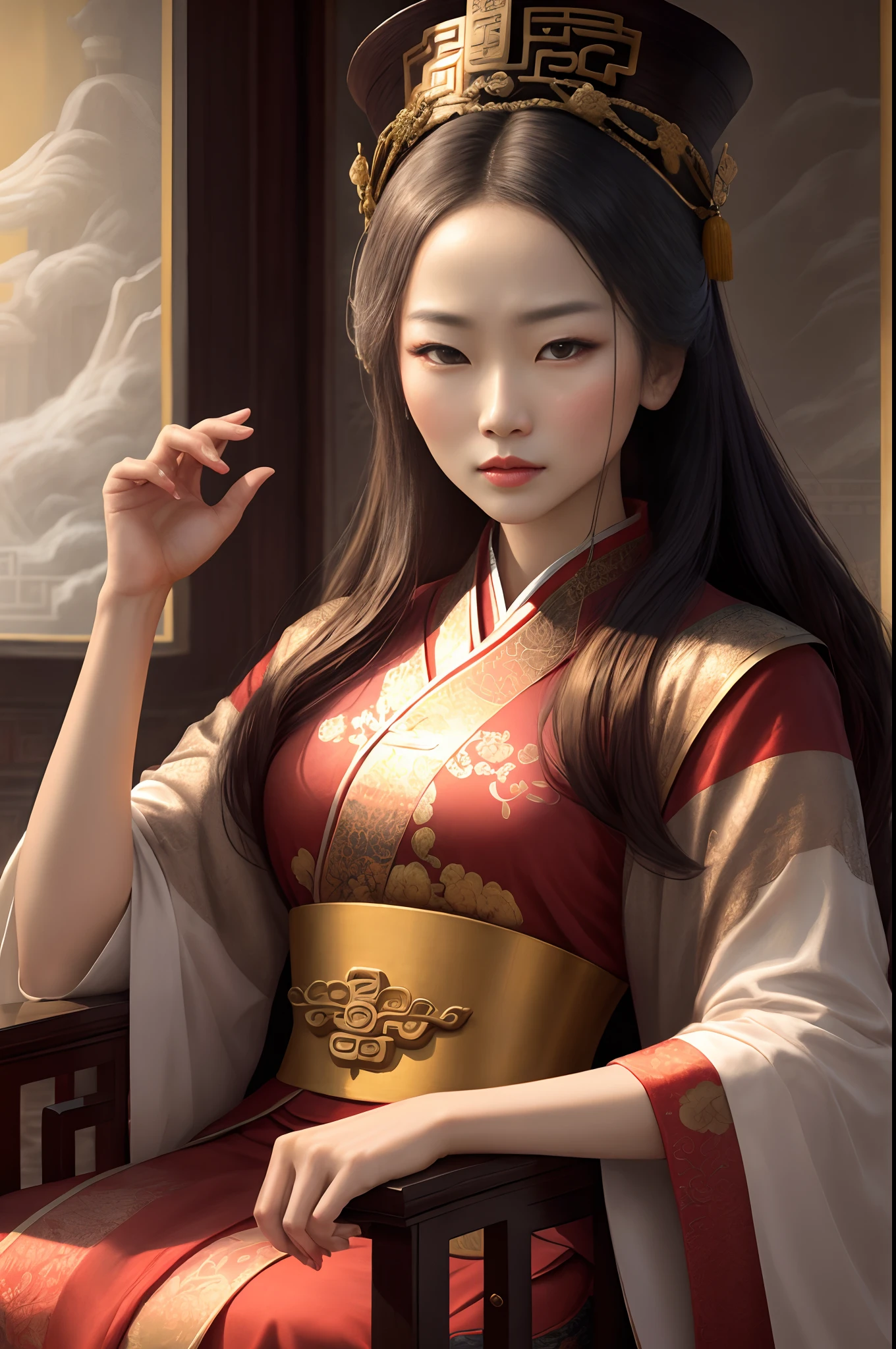 Captivating portrait
of Empress Wu
Zetian, the only
female emperor of
China, realistic,
historical, Tang
Dynasty, political
power, cultural
patronage,
feminism : imperial
robe, Forbidden
City, historical
legacy -ar 4:3