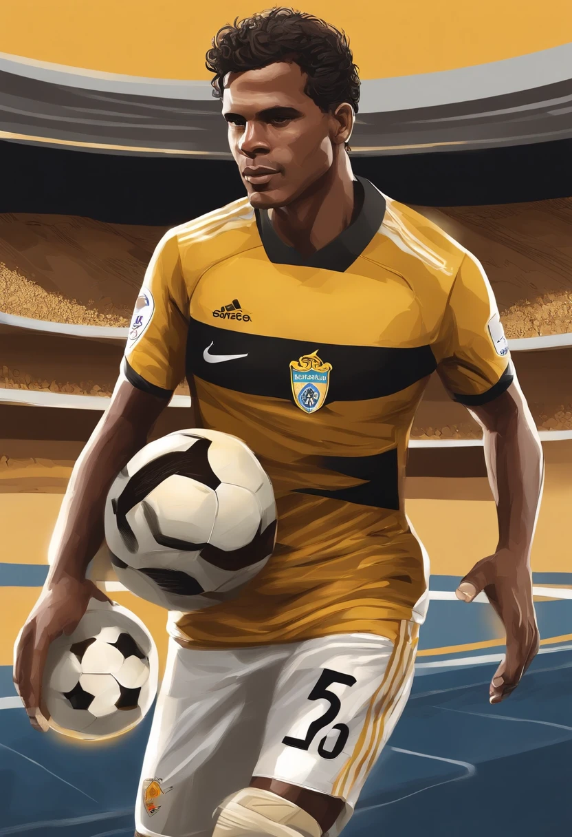 personagem dos desenhos animados de um homem jogador de futebol com 50 anos, cabelo preto e curto um pouco crespo, olhos pequenos, sorrindo, com os queixos quadrado e um pouco acentuado, da pele morena, Must hold a soccer ball and have the captain's sash and a soccer cheering background
