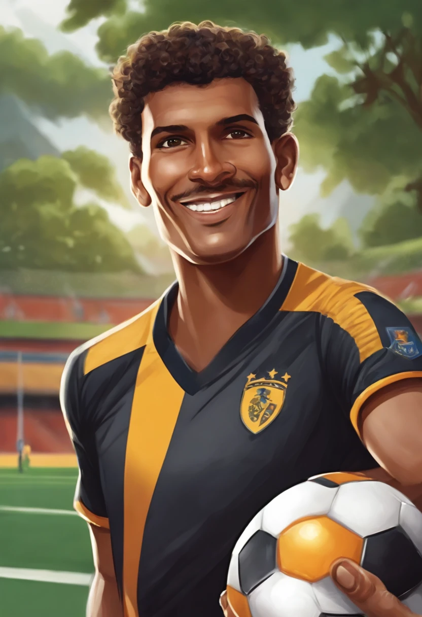 personagem dos desenhos animados de um homem jogador de futebol com 50 anos, cabelo preto e curto um pouco crespo, olhos pequenos, sorrindo, com os queixos quadrado e um pouco acentuado, da pele morena, Must hold a soccer ball and have the captain's sash and a soccer cheering background
