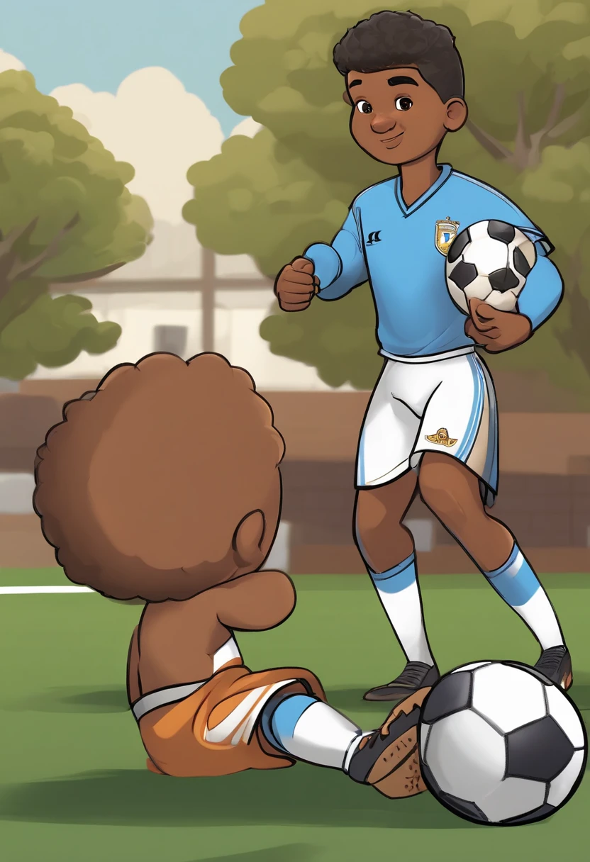 personagem dos desenhos animados de um homem jogador de futebol com 50 anos, cabelo preto e curto um pouco crespo, olhos pequenos, sorrindo, com os queixos quadrado e um pouco acentuado, da pele morena, Must hold a soccer ball and have the captain's sash and a soccer cheering background