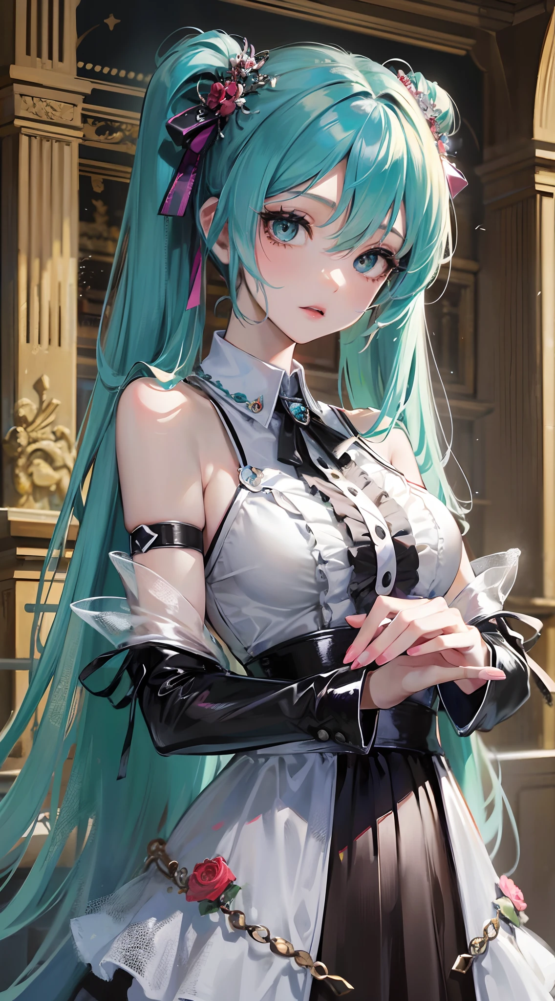(Highres), (Detailed Illustration), Ultra-Detailed, Ambient Light, Backlighting, Realistic Shadows, Glowing Particles, Light Particles, Digital Art, Soft Light, Soft Lighting, White Light, White Lighting, Reflections, Detailed Face, (Detailed Hair:1.2), Dim Lighting, Indirect Lighting, Reflections, Detailed Face, (Detailed Hair:1.2), (Desaturated:1.4),
(indoors:1.2), looking at viewer,
(1girls:1.4), blush, smile, upper body,                                                                                                                                                                                                                                                                                                                                                                                                                                                                               absurdly long hair, bangs, black gloves, boots, (closed one eyes:1.6), collarbone, (transparent dress:1.6), crown, (black crown:1.3), dress, gloves, half gloves, holding, long hair, sitting, solo, thighhighs, very long_hair, (white dress:1.3), (blue hair:1.6), (small breast:1.6), (black heavy armor on the legs:1.4), (bare hands:1.6),
(<lora:more_details:0.5>),                                                                                                                                                                                                                                                                                                                                                                                                                                                    <lora:Champagne_LoRA:.80>,