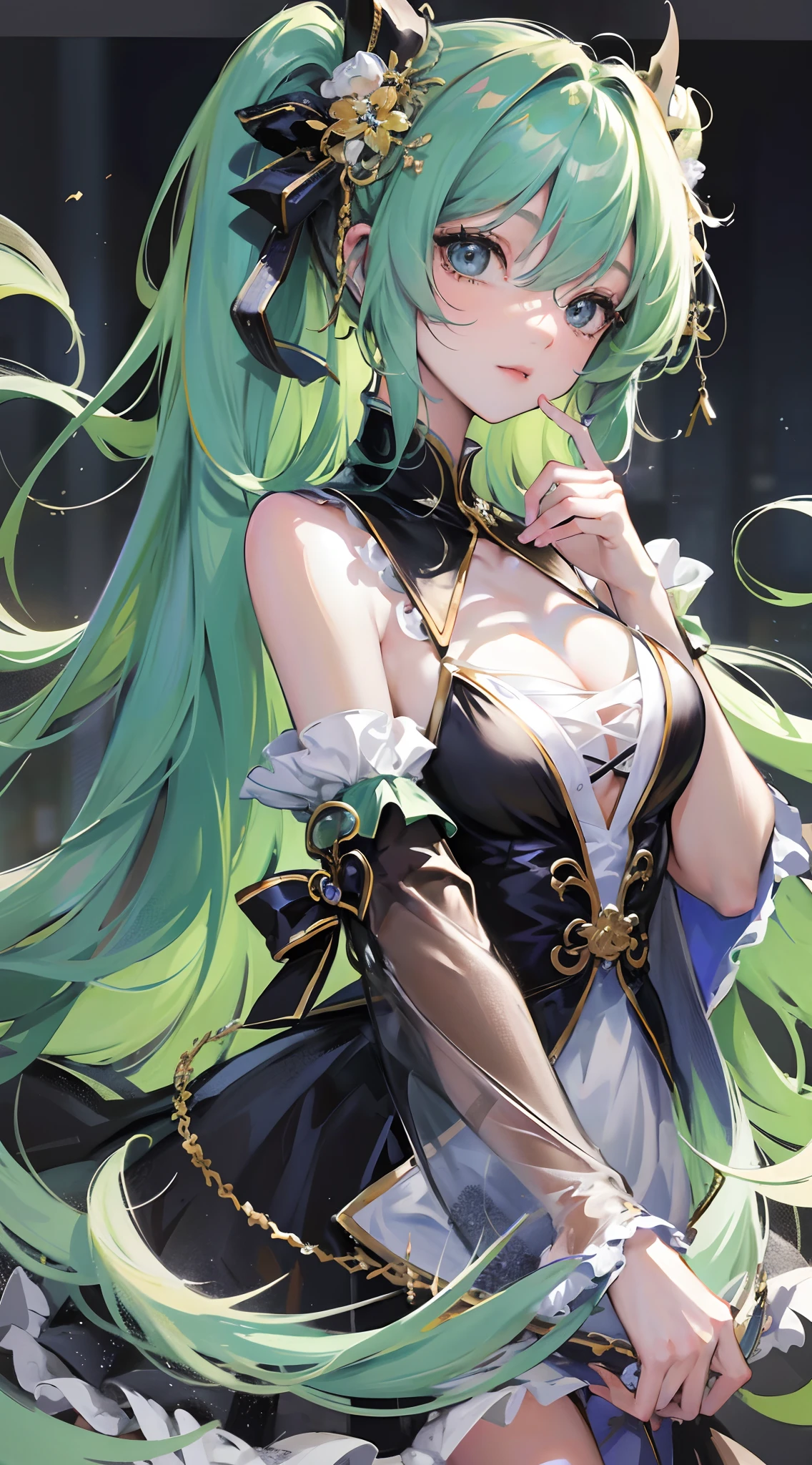 Absurdres masterpiece HDR high quality picture of Hatsune Miku, very young age girl 14 years old with detailed face, simple hair design , beautiful face, hands on waist and hands are hiding in her hair and clothes , very long hair, ((random hair style:1 )) , anime eyes, light skin ,
Courtesan outfit , detailed dress, detailed hair ornaments , concert stage background, masterpiece scenery
