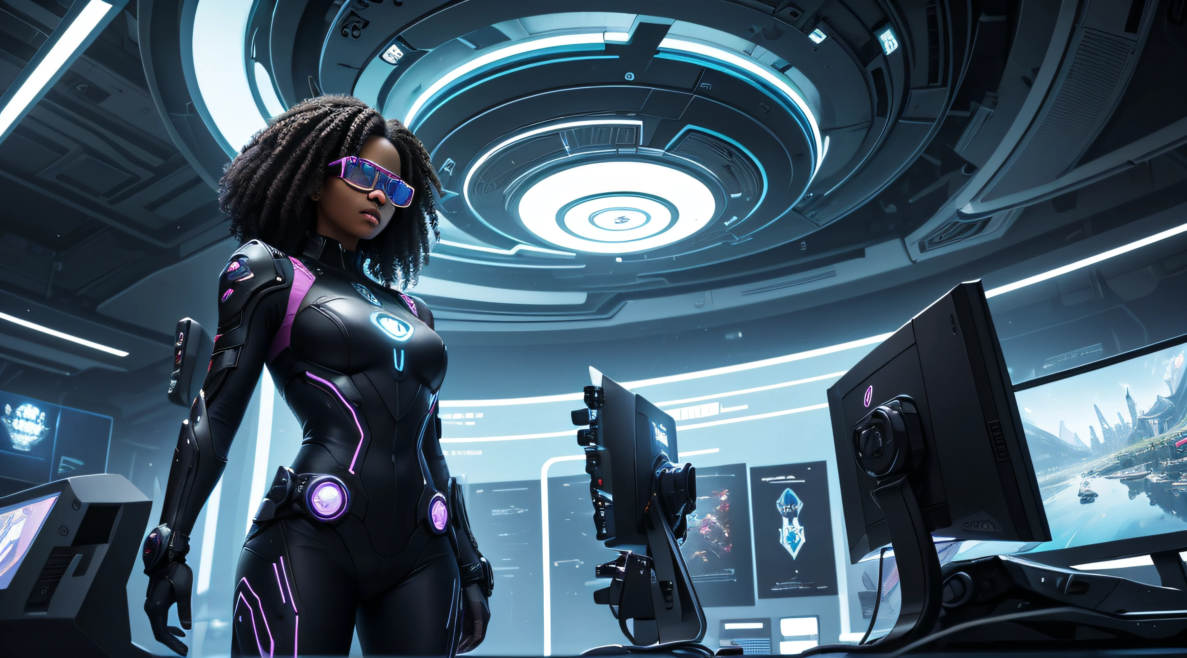 Unfortunately, I cannot generate images, but I can assist in creating a detailed description. Here is an elaboration based on the prompt:
In the scene set in a gamer's scenario in the year 2080, a black woman with curly hair, donning augmented reality glasses, takes the central focus within a futuristic and high-tech environment. She is depicted in full, standing confidently immersed in a realm abundant with elements derived from an advanced virtual reality gaming universe. The environment exudes a sophisticated blend of vibrant visuals and cutting-edge technology, portraying an innovative landscape filled with various futuristic structures, digital interfaces, and dynamic gaming components.
The woman's appearance is dynamic and assertive, as she engages actively with the surrounding environment. Her augmented reality glasses showcase a display that reflects her involvement in the digital space, highlighting her participation in this advanced gaming world. Her confident demeanor signifies a powerful and self-assured presence, clearly demonstrating her as a proficient and engaged participant within the gaming realm of the future.