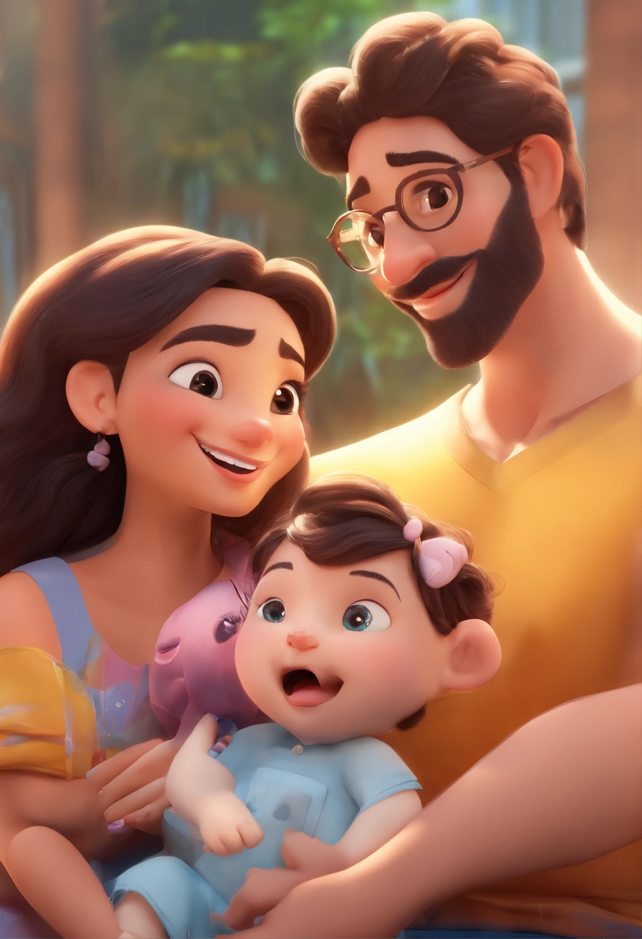 An illustration of an adorable couple, Destaque para um homem branco, com cabelo loiro escuro, green eyes and glasses, With a light beard and moustache and a brunette woman and beautiful expressive black eyes – the man's skin is white, while the woman's skin is brown and the woman's hair is wavy and black. They're at home, na sala de estar, com detalhes em azul, cada um com um sorriso no rosto, The man holding a resembling him and the woman holding a medium-sized white dog, Insights. Illustrate this scene from a perspective where they are facing the camera, Smiling and Showing Your Connection. Desenvolva esta arte em Full HD, Focus on your cinematic touch, Estilo Disney Pixar Animations