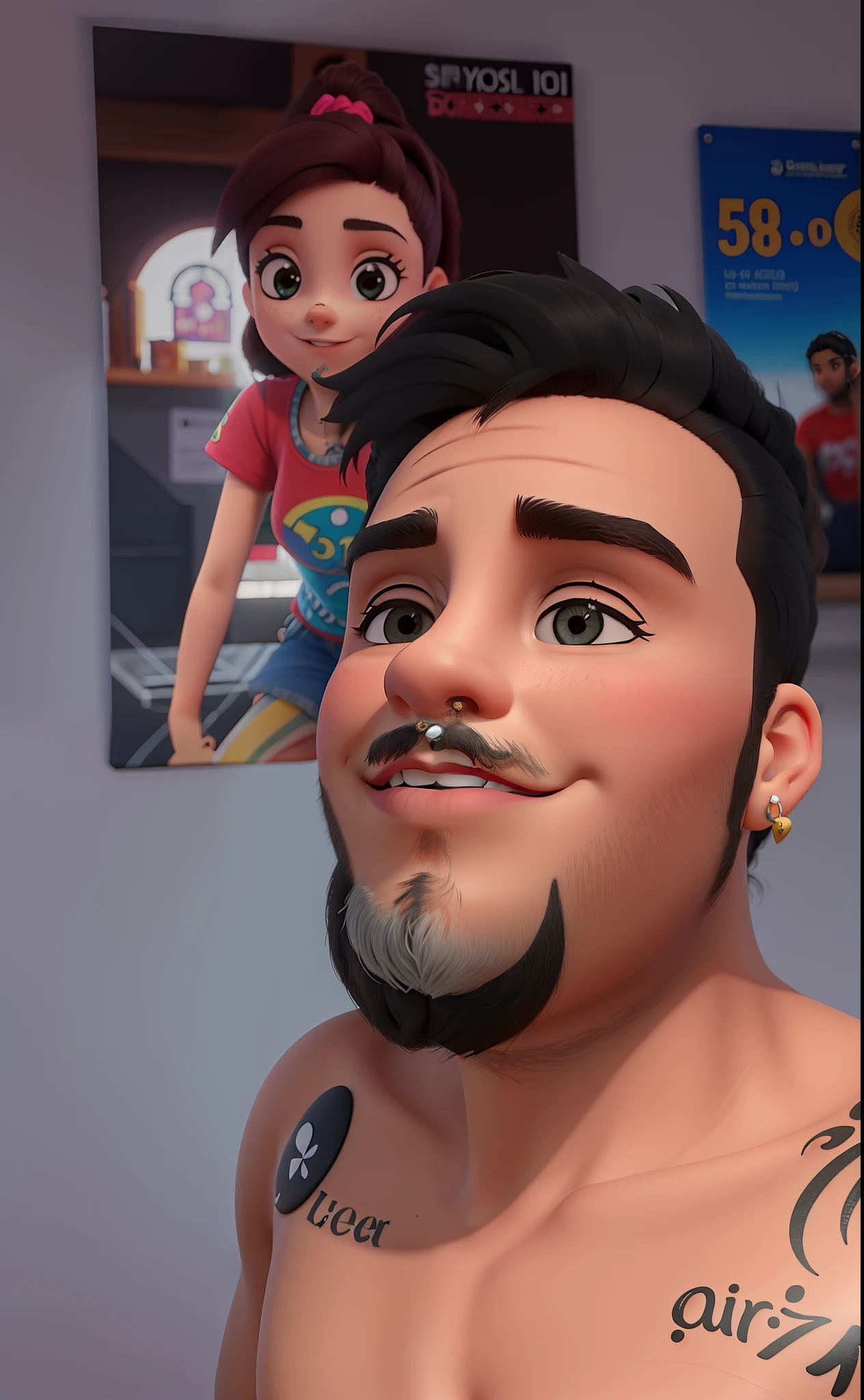 Jovem com piercing no nariz, piercing na sobrancelha, brinco na orelha de argola e tatuagens
