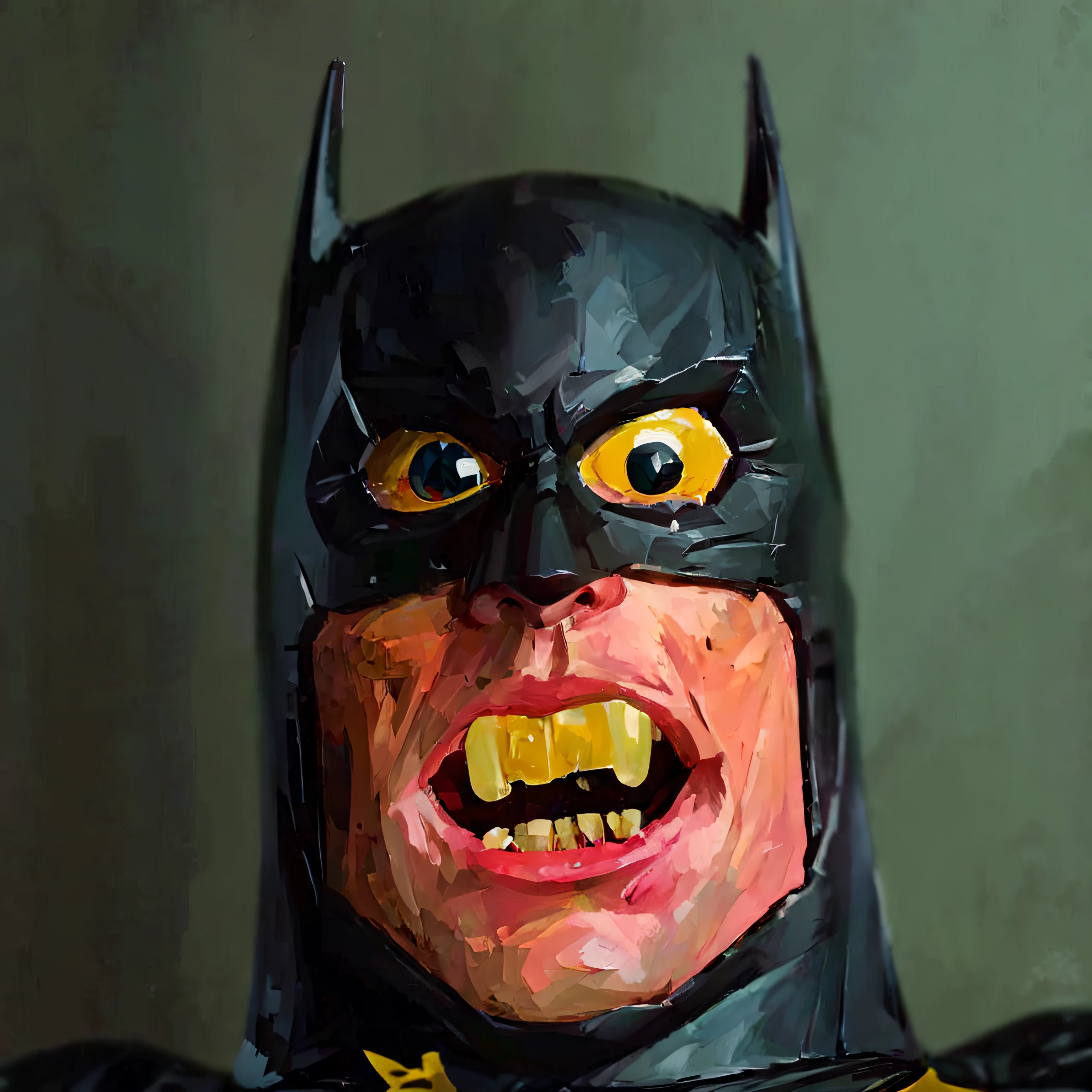 surprised batman in black batman suit, mouth opened, caricature, albeniz rodriguez style