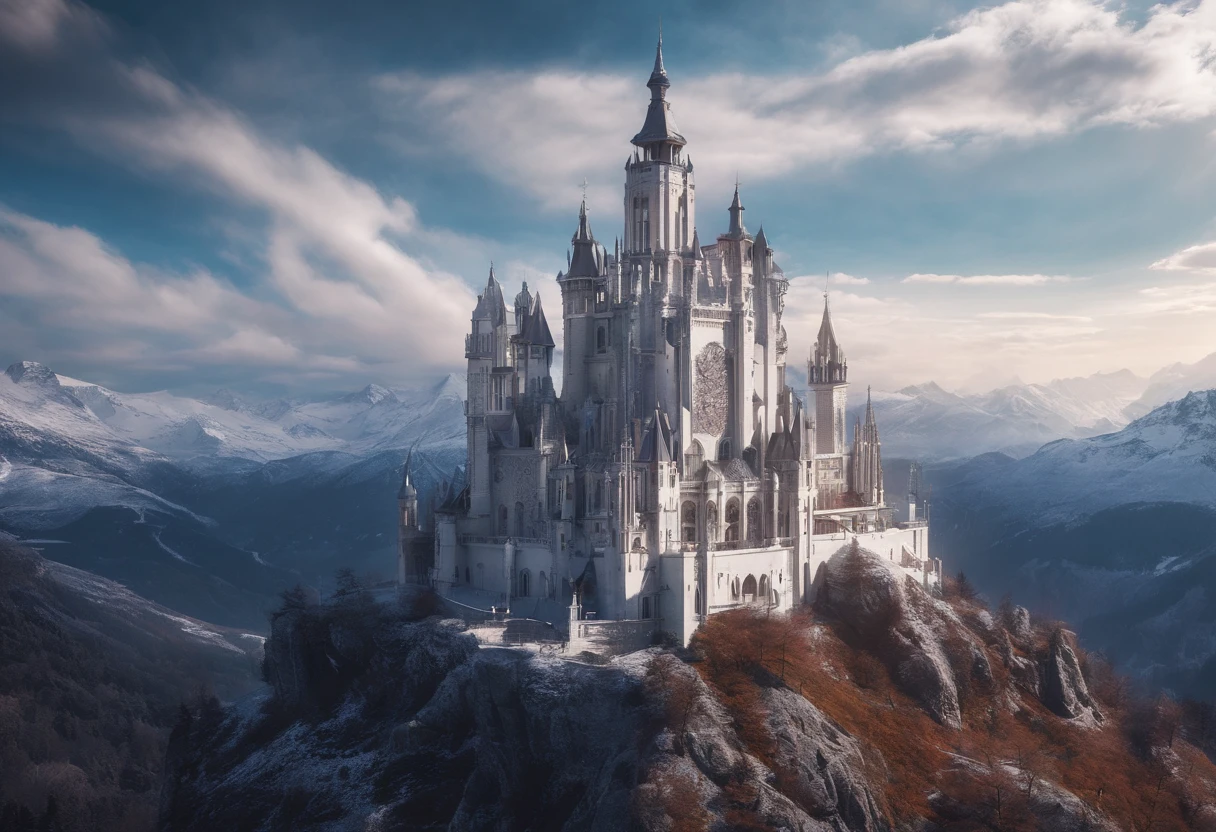Vast Landscape Photo (view from bottom, which shows the sky overhead and the rocks), Fortress at the top, (Shooting stars: 0,9), (nebula: 1,3), High Lonely Mountain ,(Cold light source:1.2), Lonely Mountain, Snow-capped mountains, voluminous lighting, реализм BREAK (tmasterpiece:1.2), (beste-Qualit), 4k, Ultra-detailed, (Dynamic composition: 1.4), Detailed, colorful details, (White color scheme: 1.2), (Glowing Lighting, Ambiance Lighting), dreamy, elvish, (独奏: 1.2)