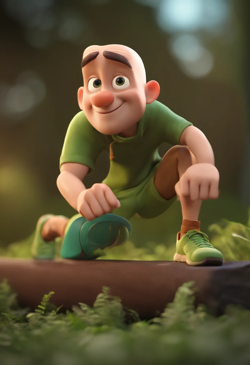 Cartoon character of a hairless man with a green sneaker, animation character, Caractere estilizado, animation style rendering, 3D estilizado, Arnold Maya render, 3 d render stylized, toon render keyshot, Personagem 3D, Personagem 3D, 3d rendering stylized, 3 d character render, personagem de desenho animado, Personagem de close up, Pose de personagem,  (Estilo Pixar) (master part:1.2) (Bokeh) (best quality) (pele detalhada) (textura detalhada) (8k) (argila) (Cinematic lighting) (foco nítido