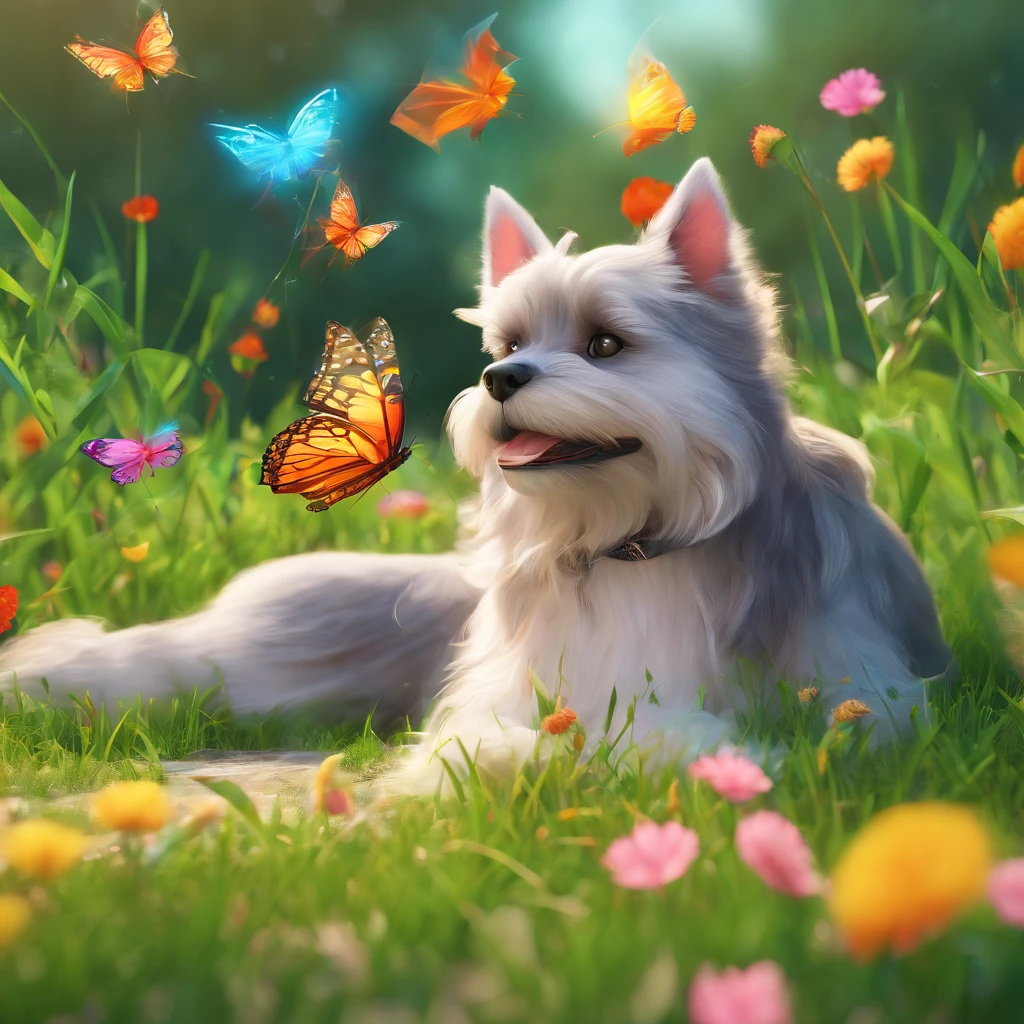 (best quality,4k,8k,highres,masterpiece:1.2),colorful,realistic,portrait,beautiful detailed eyes,beautiful detailed lips,extremely detailed eyes and face,long eyelashes,soft smile,green garden background,
lighting: soft natural sunlight,sunny day,comfortable warmth,
material: oil painting,finely brushed strokes,
additional details: flowers blooming, butterflies fluttering around, green grass, blue sky, peaceful atmosphere,
Bolt, the schnauzer cat, lying beside Lucas, adorable and playful,
scenic view, Lucas and Bolt enjoying a relaxing day in the garden,
vivid colors, lively and joyful mood.