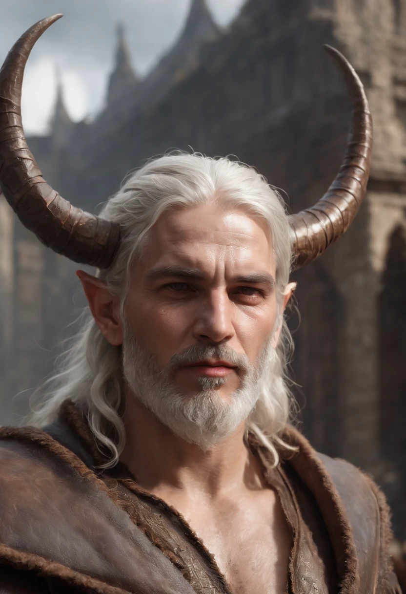 (professional 3d render:1.3) af (Realistic:1.3) most beautiful artwork photo in the world,Features soft and shiny white male humanoid demon with four horns heroes, ((Epic hero fantasy muscle rough wet angry look long white hair beard and ferocious expression in dynamic pose, Fantastic location, Majestic cluttered environment)), full body 8k unity render, action shot, skin pore, very dark lighting, heavyshading, Detailed, Detailed face, (vibrant, photograph realistic, Realistic, Dramatic, Dark, Sharp focus, 8K), (Old leather garments damaged by weathering:1.4), ((((Wear fur)))), (Intricate:1.4), decadent, (Highly detailed:1.4), Digital painting, rendering by octane, art stations, concept-art, smooth, Sharp focus, illustration, Art germ, (loish:0.23), wlop, and greg rutkowski and alphonse mucha, (Global illumination, Studio light, volumettic light), heavy rain, particles floating, lotr, fantasy, elf, full body, ((Dark and ancient city background:1.3)), CGSociety, art stations