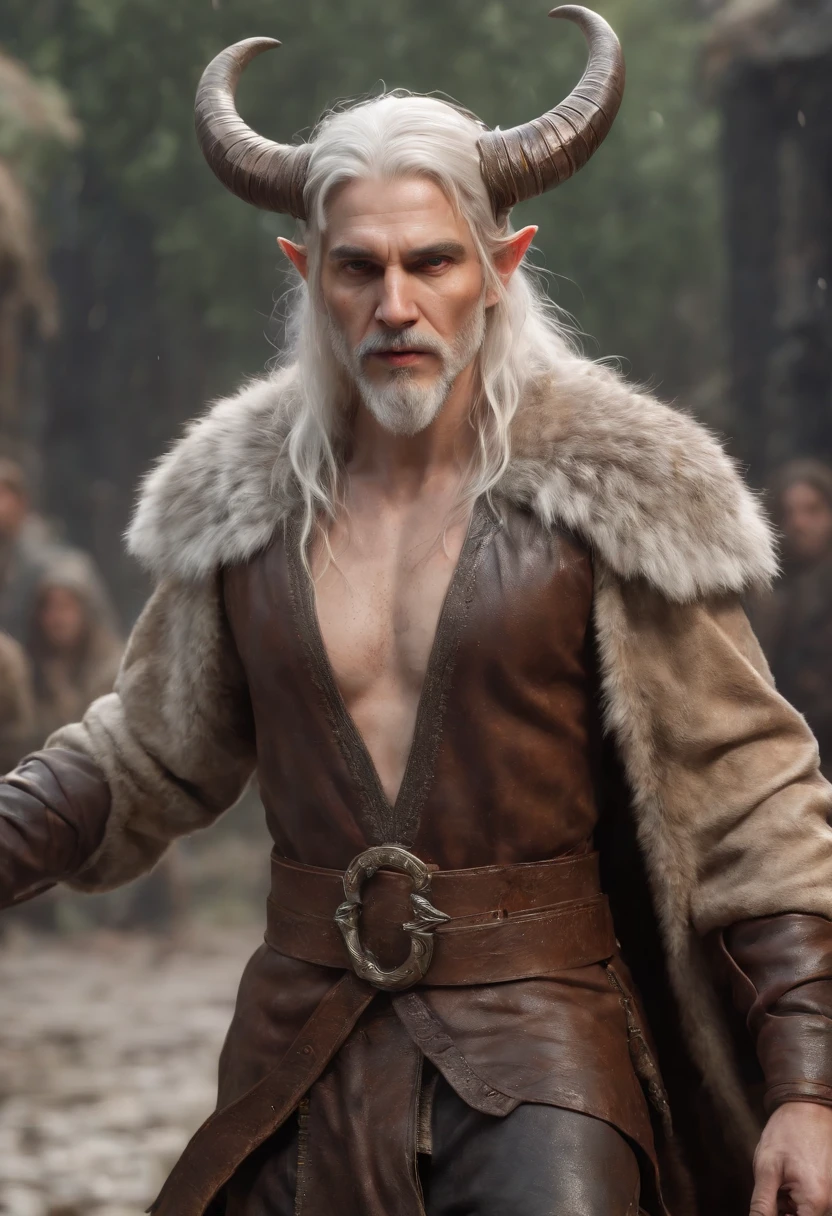 (professional 3d render:1.3) af (Realistic:1.3) most beautiful artwork photo in the world,Features soft and shiny white male humanoid demon with four horns heroes, ((Epic hero fantasy muscle rough wet angry look long white hair beard and ferocious expression in dynamic pose, Fantastic location, Majestic cluttered environment)), full body 8k unity render, action shot, skin pore, very dark lighting, heavyshading, Detailed, Detailed face, (vibrant, photograph realistic, Realistic, Dramatic, Dark, Sharp focus, 8K), (Old leather garments damaged by weathering:1.4), ((((Wear fur)))), (Intricate:1.4), decadent, (Highly detailed:1.4), Digital painting, rendering by octane, art stations, concept-art, smooth, Sharp focus, illustration, Art germ, (loish:0.23), wlop, and greg rutkowski and alphonse mucha, (Global illumination, Studio light, volumettic light), heavy rain, particles floating, lotr, fantasy, elf, full body, ((Dark and ancient city background:1.3)), CGSociety, art stations