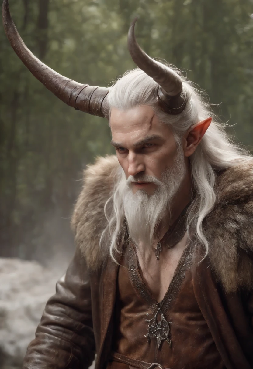 (professional 3d render:1.3) af (Realistic:1.3) most beautiful artwork photo in the world,Features soft and shiny white male humanoid demon with four horns heroes, ((Epic hero fantasy muscle rough wet angry look long white hair beard and ferocious expression in dynamic pose, Fantastic location, Majestic cluttered environment)), full body 8k unity render, action shot, skin pore, very dark lighting, heavyshading, Detailed, Detailed face, (vibrant, photograph realistic, Realistic, Dramatic, Dark, Sharp focus, 8K), (Old leather garments damaged by weathering:1.4), ((((Wear fur)))), (Intricate:1.4), decadent, (Highly detailed:1.4), Digital painting, rendering by octane, art stations, concept-art, smooth, Sharp focus, illustration, Art germ, (loish:0.23), wlop, and greg rutkowski and alphonse mucha, (Global illumination, Studio light, volumettic light), heavy rain, particles floating, lotr, fantasy, elf, full body, ((Dark and ancient city background:1.3)), CGSociety, art stations