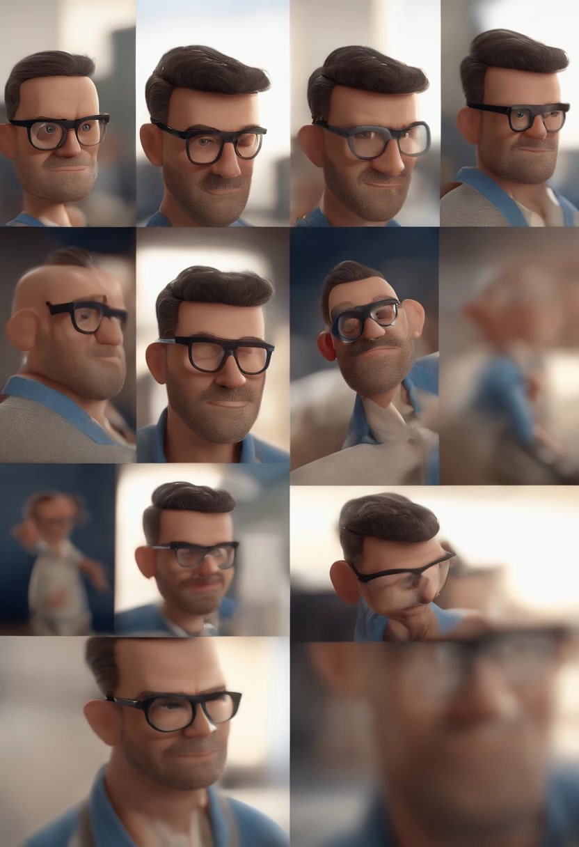 Cartoon character of a man wearing black and dark glasses, uma camisa azul, animation character, Caractere estilizado, Rendering Animation Styles, 3D estilizado, Arnold Maya render, 3D render estilizado, Toon renderizar keyshot, Personagem 3D, Personagem 3D, 3d rendering stylized, 3 d character render, Personagem de desenho animado, Personagem de close-up, Pose do personagem, (Estilo Pixar) (Obra prima:1.2) (Bokeh) (melhor qualidade) (Pele detalhada) (Textura detalhada) (8k) (argila) (Cinematic lighting) (SHARP FOCUS PLAYING INSTRUMENT, SAXOFONE