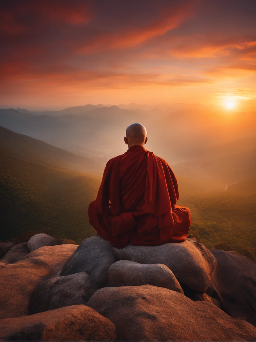 Former monks meditate at the top of a mountain,,Sunrise behind the monk, Ultra photo realsisim
