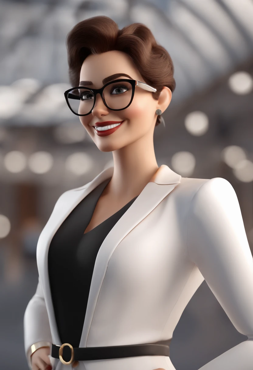 Cartoon character of a happy woman with black glasses with white dress shirt, in a place with lots of glasses, Store sales predominance white and illuminated tones , animation character, Caractere estilizado, animation style rendering, 3D estilizado, 3 d render stylized, , Personagem 3D, Personagem 3D, 3d rendering stylized, 3 d character render, personagem de desenho animado, Personagem de close up, Pose de personagem, (Estilo Pixar) (melhor qualidade) (pele detalhada) (textura detalhada) (8k) (argila) (clear lighting) (foco nítido)