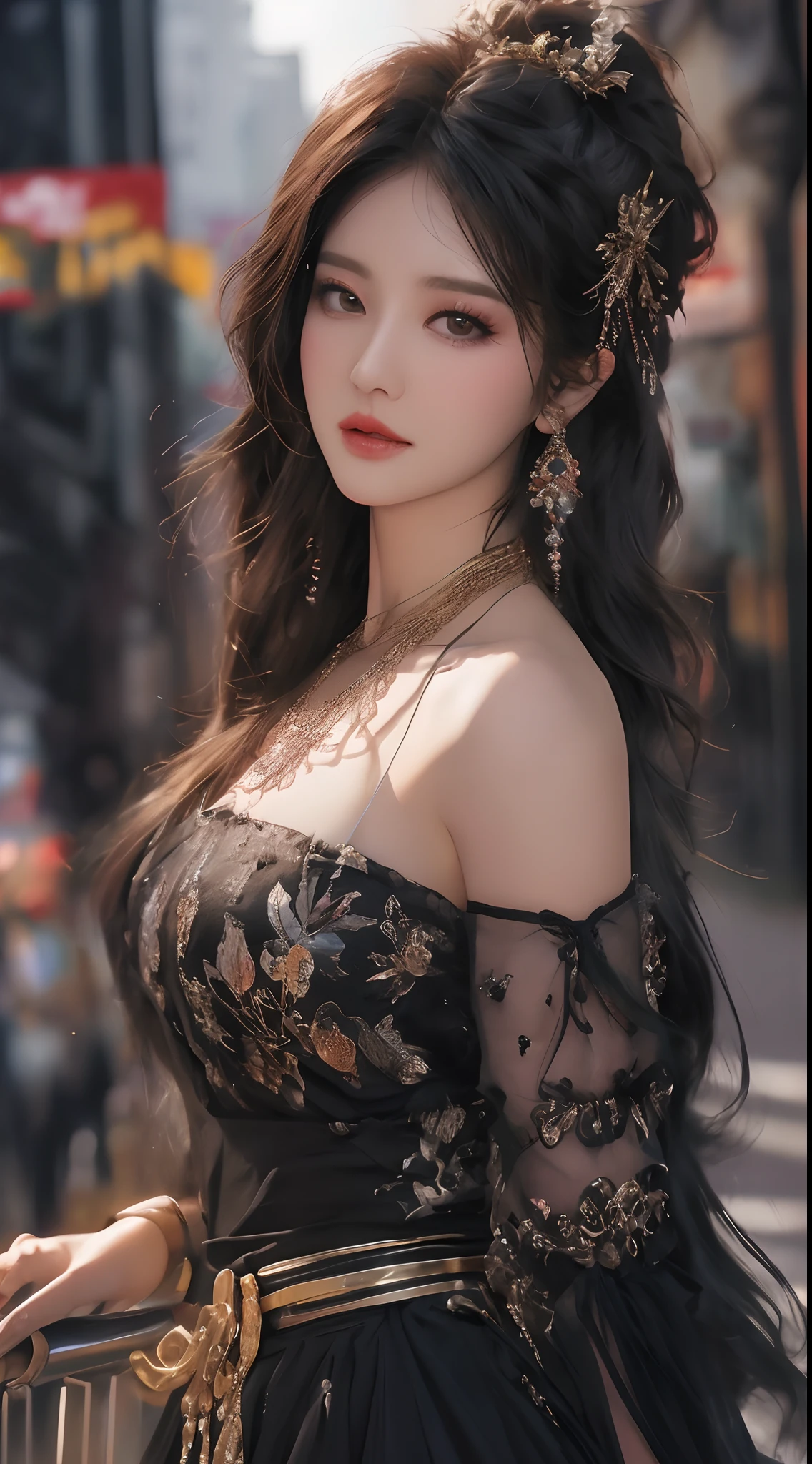(absurd, high res, super detail), face close-up, face enhancement, face focus, oblique view, beautiful woman, 22, 18, long straight hair, shiny beautiful hair, beautiful skin, luscious skin, beautiful eyes, with bangs, off shoulder, eye highlights, unbroken hands, rich lighting, large breasts, pale pink lips, soft lips, slightly open mouth, wide-eyed, uniform 8K wallpaper with high definition CG, attention to detail, portrait, gaze, solo, half shot, detailed face, slightly smiling, dynamic pose, (Contemporary Japanese subject: 1. 1), contemporary style clothing, black dress, black Gloves, Lace Dress, Brown Hair Color, Contemporary Subject, (Thriving Civilization: 1.1), (Pure White: 1.1,) Buildings, Roppongi, Ginza, Kabukicho, Neon Lights, Japanese Landscape, Fantastic, Romantic, Dance of Light, Glitter, Severity, Majesty, Night, Darkness, Stars, Moon in Background, Portrait Film lighting, Necklace, Date scene