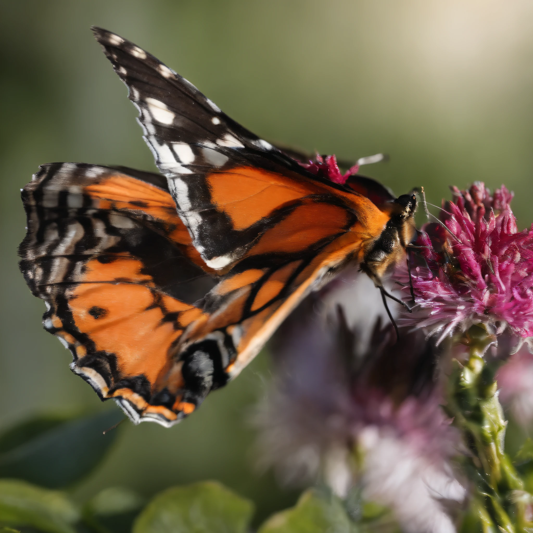 colorful butterfly on the flower, sunny weather, Golden Tenryu,Harsh red eyes,Close-up release of blood fire from the nose,Chest scales,high high quality,8K,Many details,Fire lettuce,Alas,4 legs,Spotted claws,golds,dangers,fires,dentes pontiagudos,big dragon,immensity,threatening,imponent