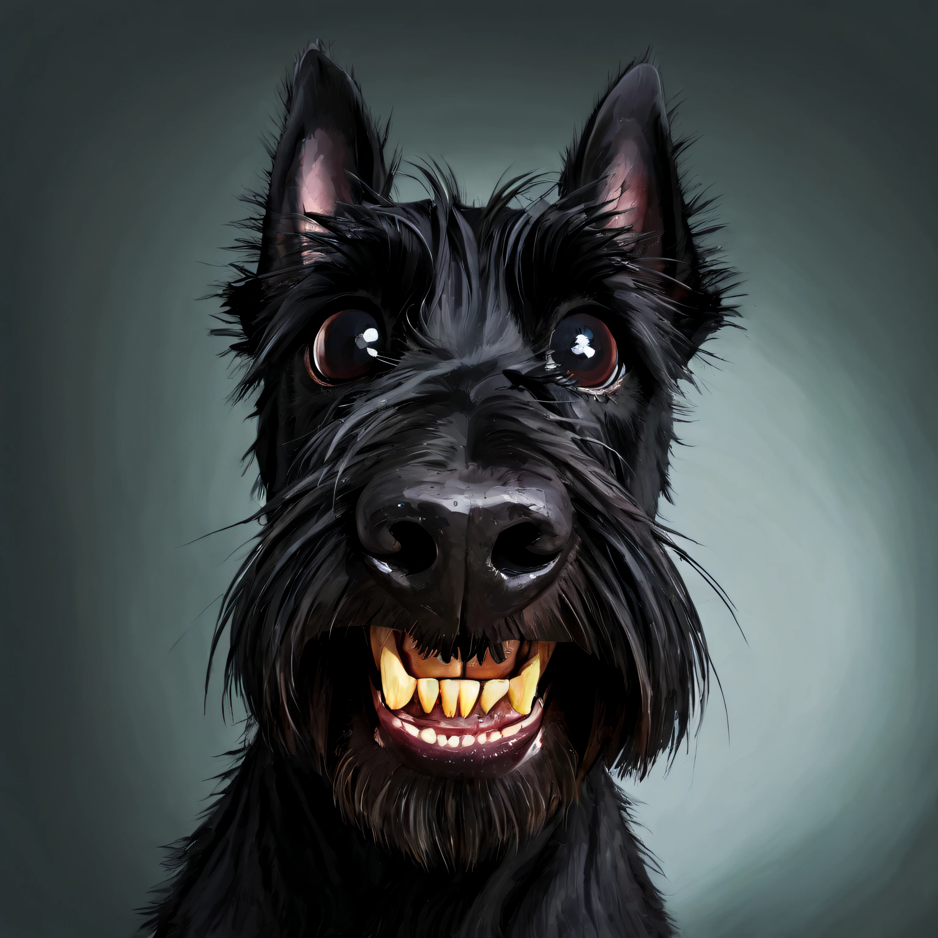 fisheye view, a black hairy scottish terrier dog with a toothy grin on his face, big nose, looking at sopmething, caricature, albeniz rodriguez style