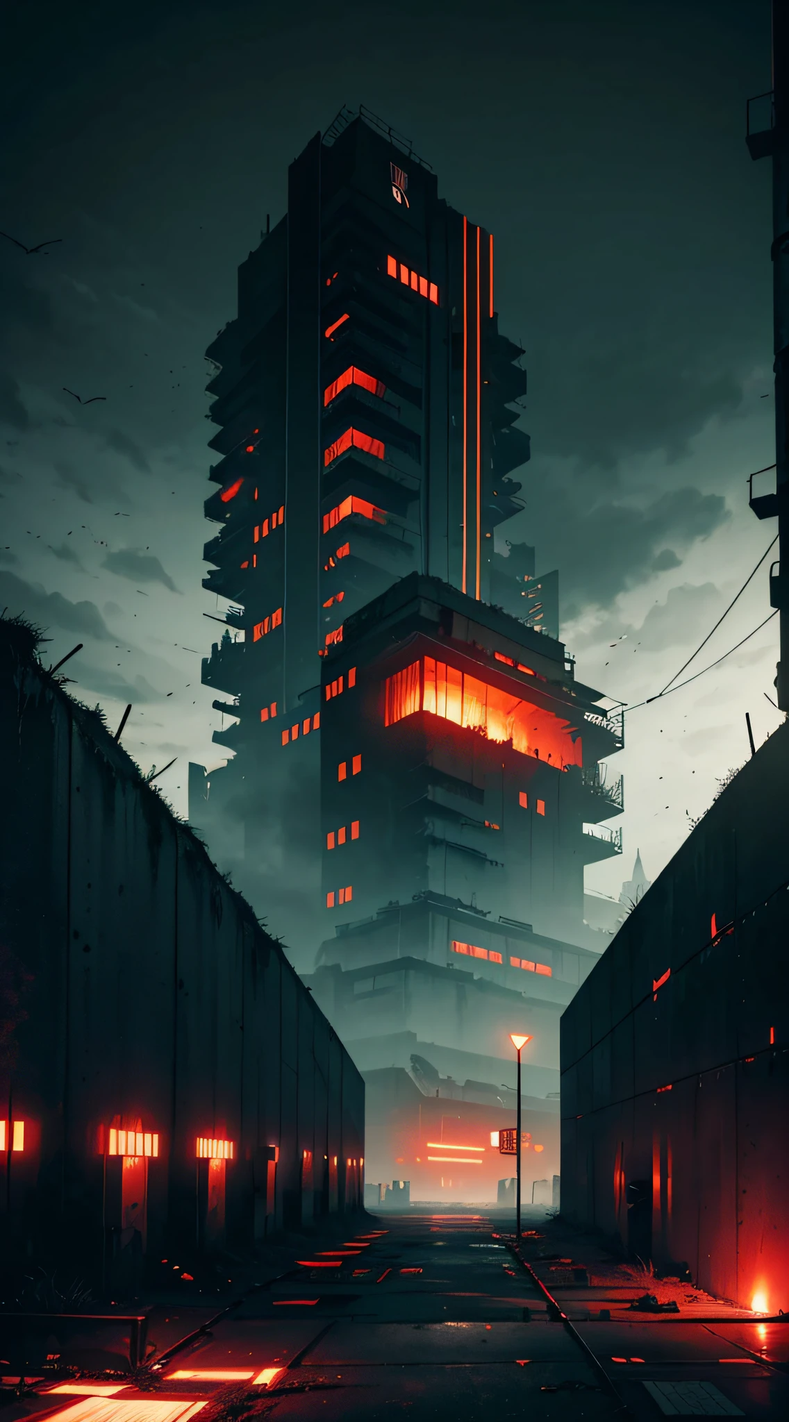dark dystopic futurism landscape, horror art, hopeless atmosphere, ((huge dark brutalism gun on a huge dark brutalism wall)), looking at the viewer, faint red and orange alarm lights, dark horror red lights, minimum light, dark futuristic brutalism wall, view of the orange heath, gloomy futuristic brutalism, scratched and damaged wall, super mega city in the background, overcast sky, darkness