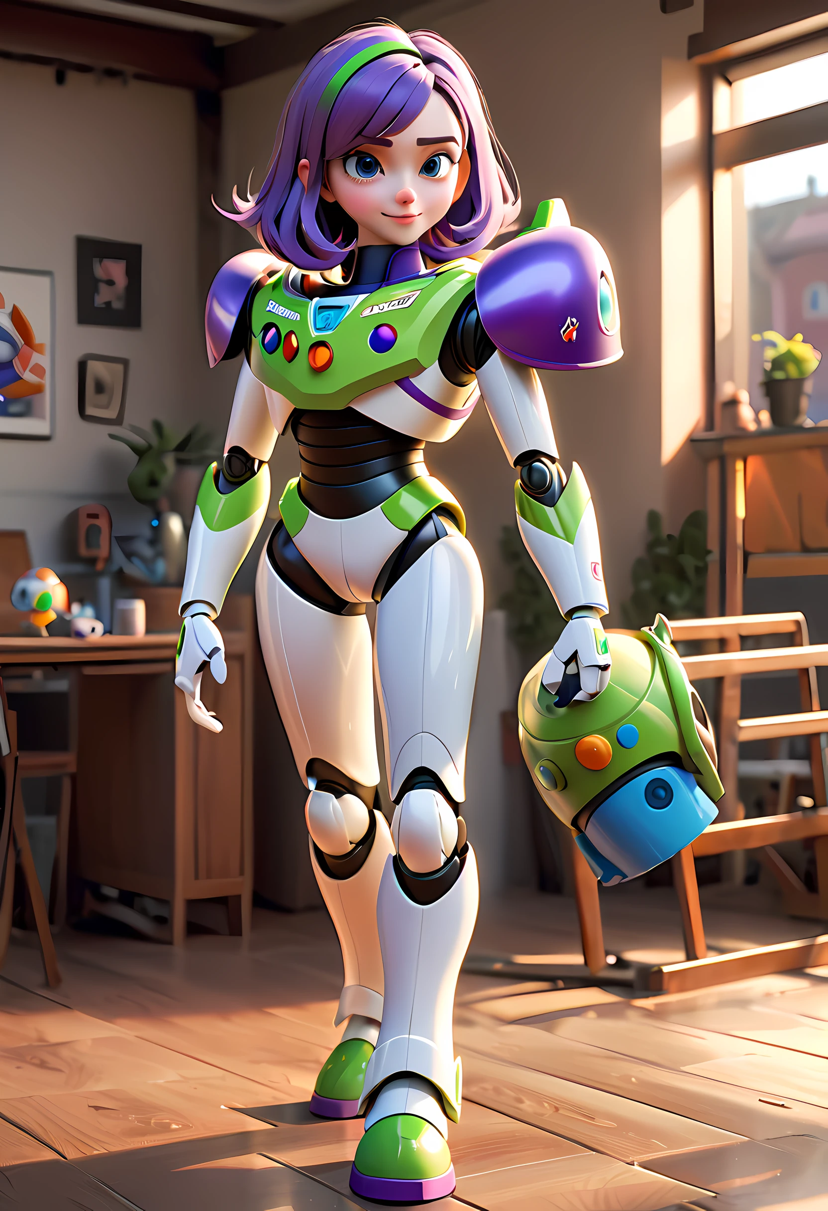 (best quality,4k,8k,highres,masterpiece:1.2),ultra-detailed,(realistic,photorealistic,photo-realistic:1.37),Pixar style:2,Machine girl，full body shot，Buzz Lightyear style