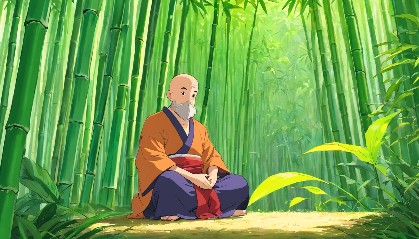 bald monk sitting in the bamboo forest, Andrew Tate, anime style, kimono clothes, 30 years old, beard