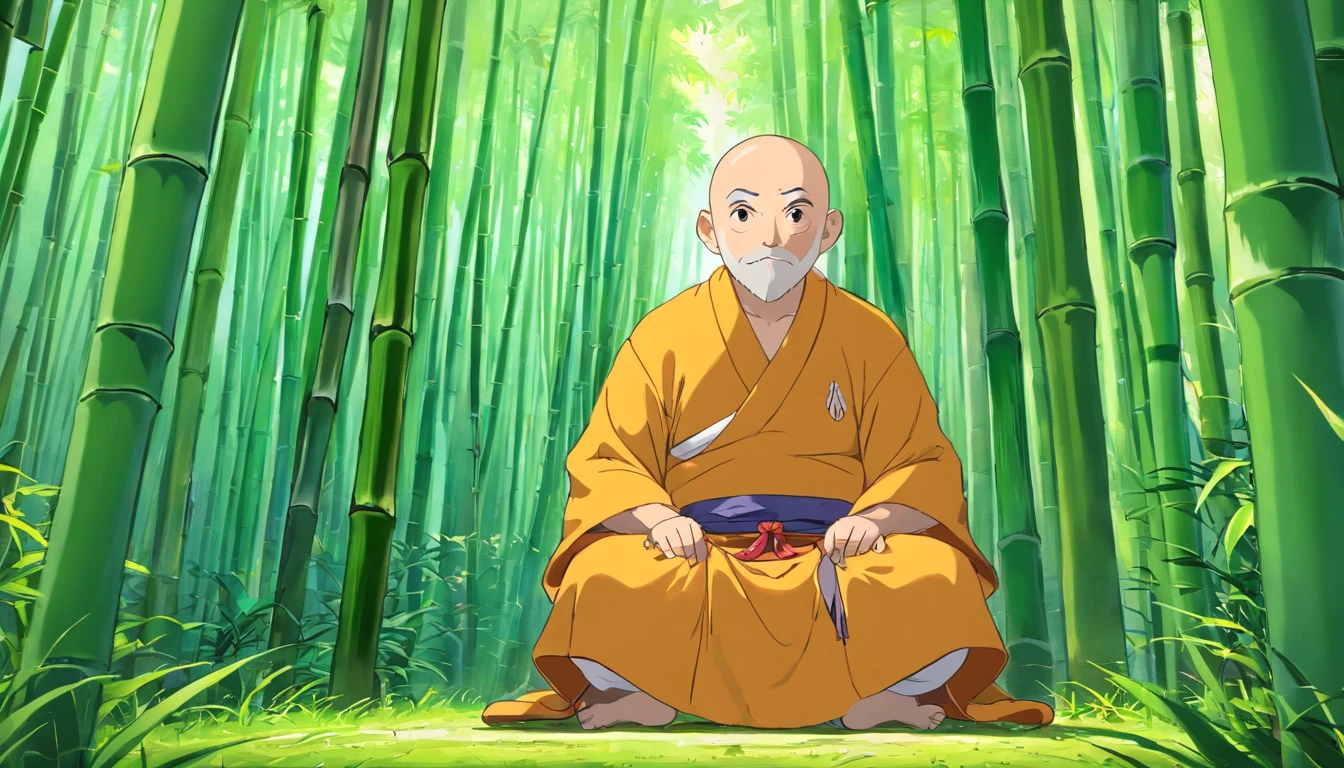 bald monk sitting in the bamboo forest, Andrew Tate, anime style, kimono clothes, 30 years old, beard