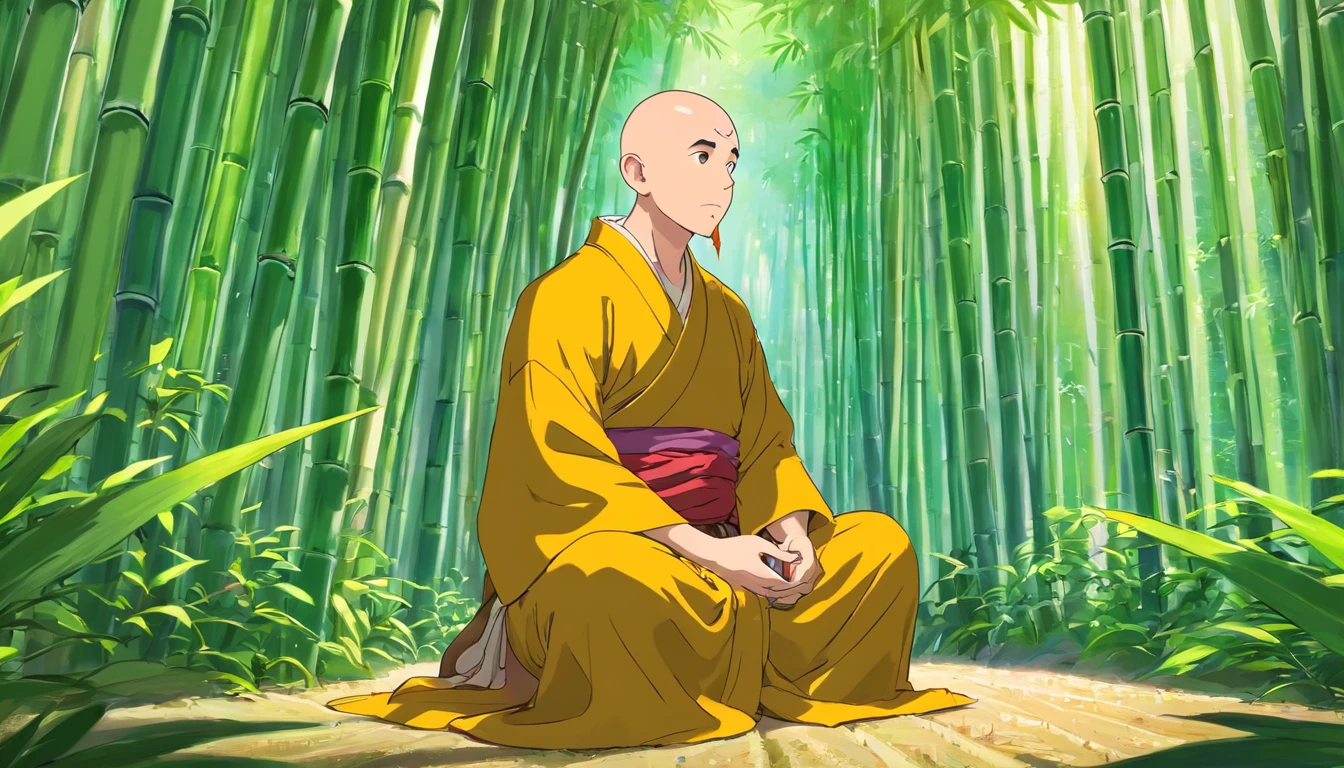 bald monk sitting in the bamboo forest, Andrew Tate, anime style, kimono clothes, 30 years old, beard