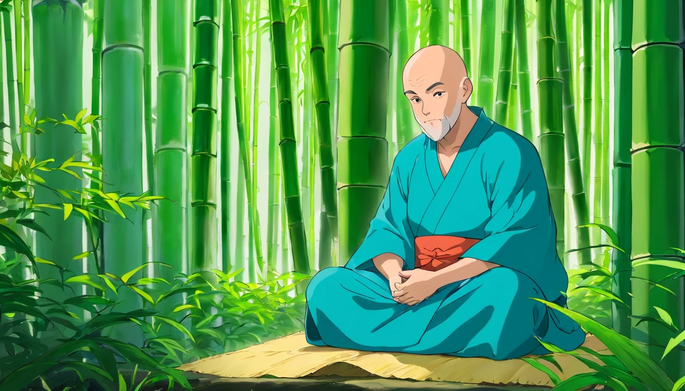 bald monk sitting in the bamboo forest, Andrew Tate, anime style, kimono clothes, 30 years old, beard