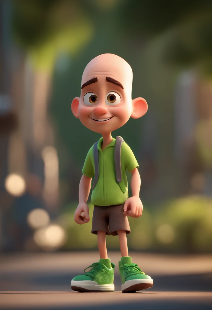 Cartoon character of a hairless man with a green sneaker, animation character, Caractere estilizado, animation style rendering, 3D estilizado, Arnold Maya render, 3 d render stylized, toon render keyshot, Personagem 3D, Personagem 3D, 3d rendering stylized, 3 d character render, personagem de desenho animado, Personagem de close up, Pose de personagem,  (Estilo Pixar) (master part:1.2) (Bokeh) (best quality) (pele detalhada) (textura detalhada) (8k) (argila) (Cinematic lighting) (foco nítido