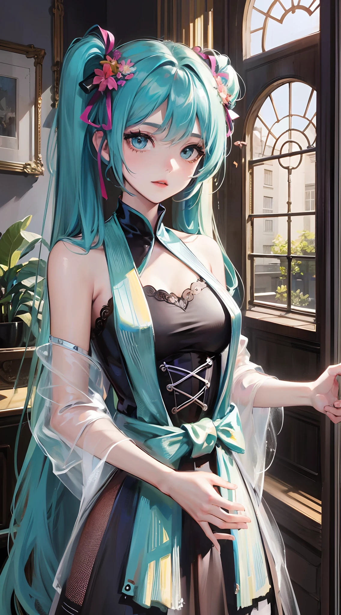Absurdres masterpiece HDR high quality picture of Hatsune Miku, very young age girl 14 years old with detailed face, simple hair design , beautiful face, hands on waist and hands are hiding in her hair and clothes , very long hair, ((random hair style:1 )) , anime eyes, light skin , 

Courtesan outfit , detailed dress, detailed hair ornaments  , concert stage background, masterpiece scenery