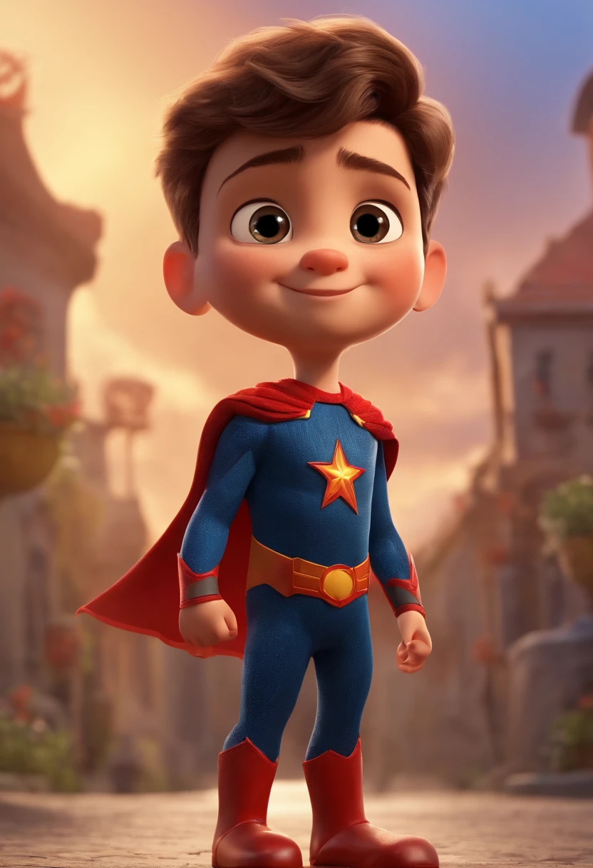 a happy cute standing short hair, Wearing a superhero costume , fundo dde r baloes barnet, Tom, Estilo Pixar, ....3d, desenhos animados, rosto detalhado, asymmetrical 16k