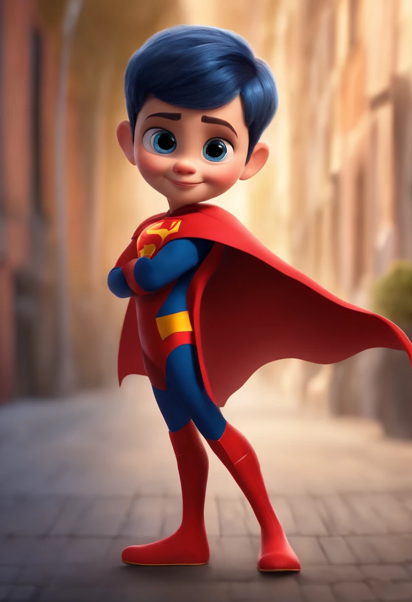 a happy cute standing short hair, Wearing a superhero costume , fundo dde r baloes barnet, Tom, Estilo Pixar, ....3d, desenhos animados, rosto detalhado, asymmetrical 16k