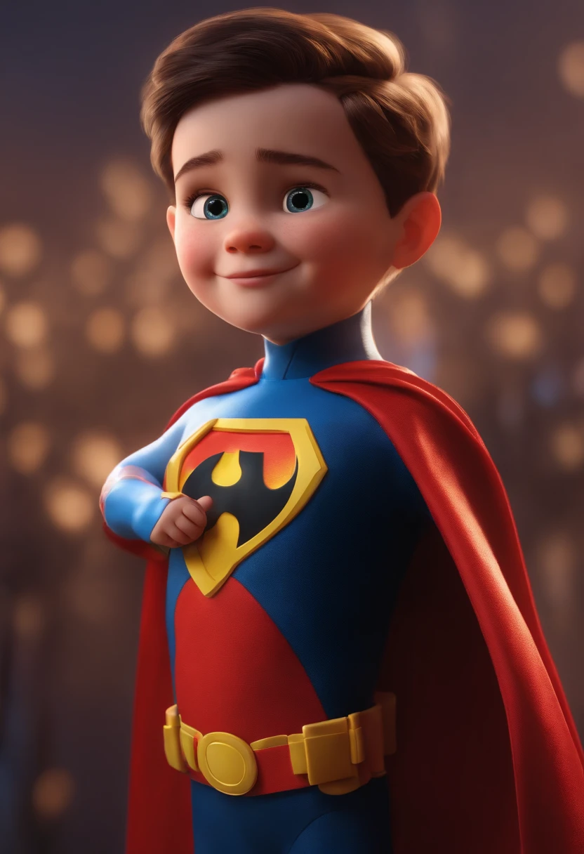 a happy cute standing short hair, Wearing a superhero costume , fundo dde r baloes barnet, Tom, Estilo Pixar, ....3d, desenhos animados, rosto detalhado, asymmetrical 16k