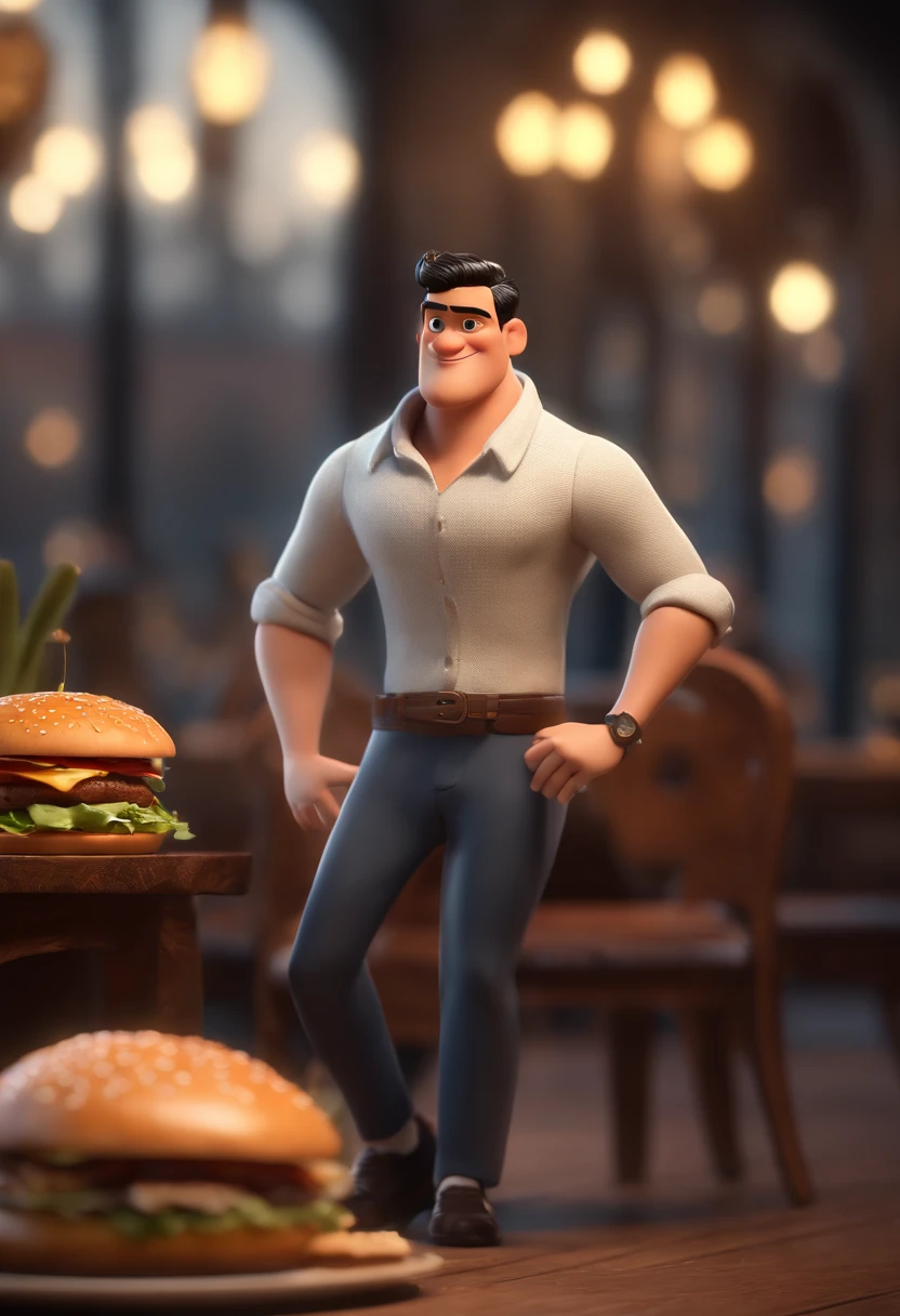 Young man with black hair and eyes and with a hamburger in his hand, animation character, placa no local, animation style rendering, 3D estilizado, Arnold Maya render, 3 d render stylized, toon render keyshot, Personagem 3D, Personagem 3D, 3d rendering stylized, 3 d character render, personagem de desenho animado, Personagem de close up, Pose de personagem, (Estilo Pixar) (master part:1.2) (Bokeh) (best quality) (pele detalhada) (textura detalhada) (8k) (argila) (Cinematic lighting) (foco nítido