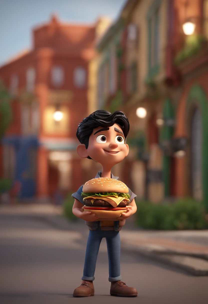 Young man with black hair and eyes and with a hamburger in his hand, animation character, placa no local, animation style rendering, 3D estilizado, Arnold Maya render, 3 d render stylized, toon render keyshot, Personagem 3D, Personagem 3D, 3d rendering stylized, 3 d character render, personagem de desenho animado, Personagem de close up, Pose de personagem, (Estilo Pixar) (master part:1.2) (Bokeh) (best quality) (pele detalhada) (textura detalhada) (8k) (argila) (Cinematic lighting) (foco nítido