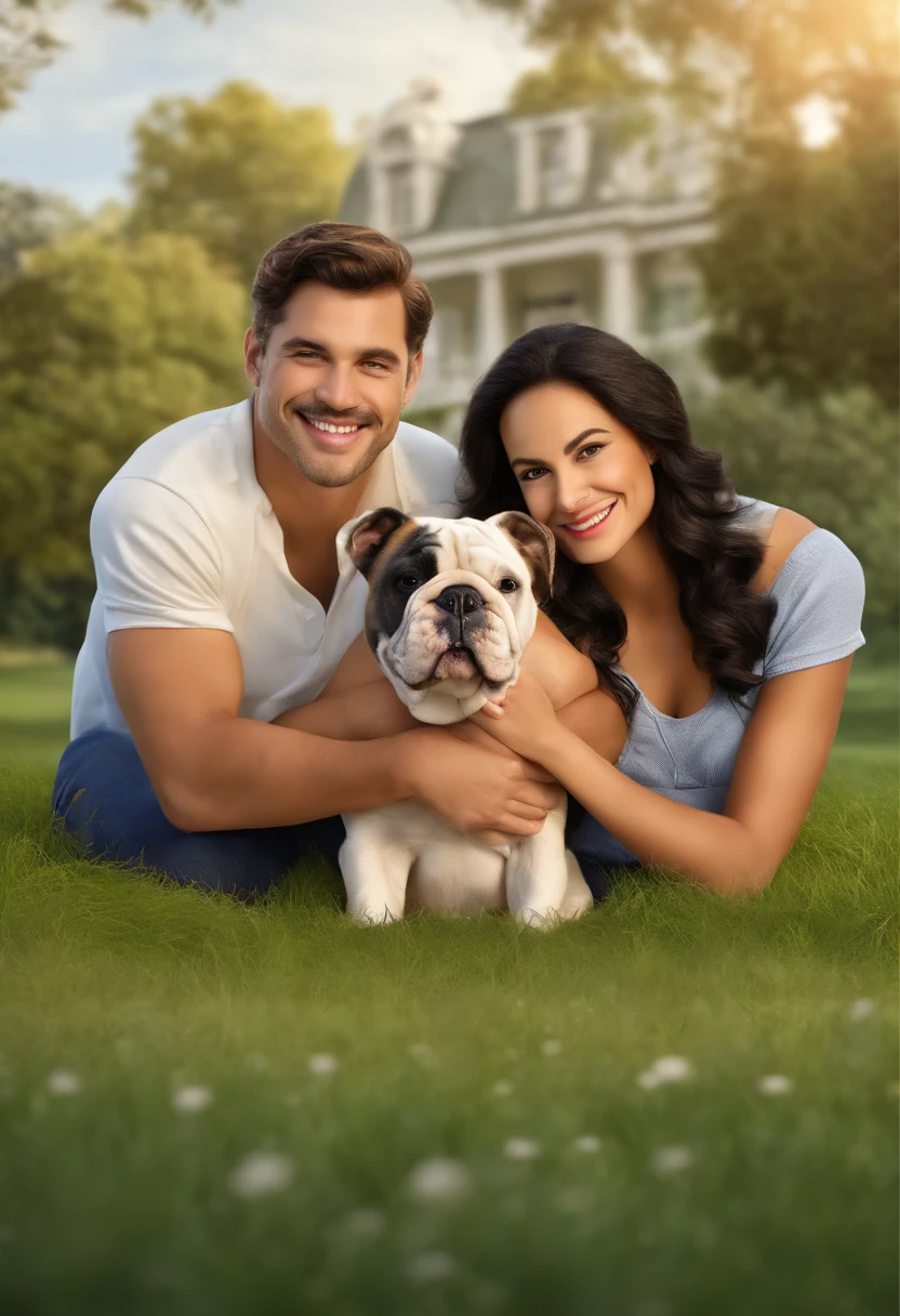 Disney Pixar-inspired poster with the title Happy Couple, menino, morena, barba curta, wearing cap, 34 anos, sorridente, Woman, shoulder-length black hair, Orthodontic braces on the teeth, sorriso marcante, Sitting on the lawn with a 2 month old French bulldog puppy, preto.