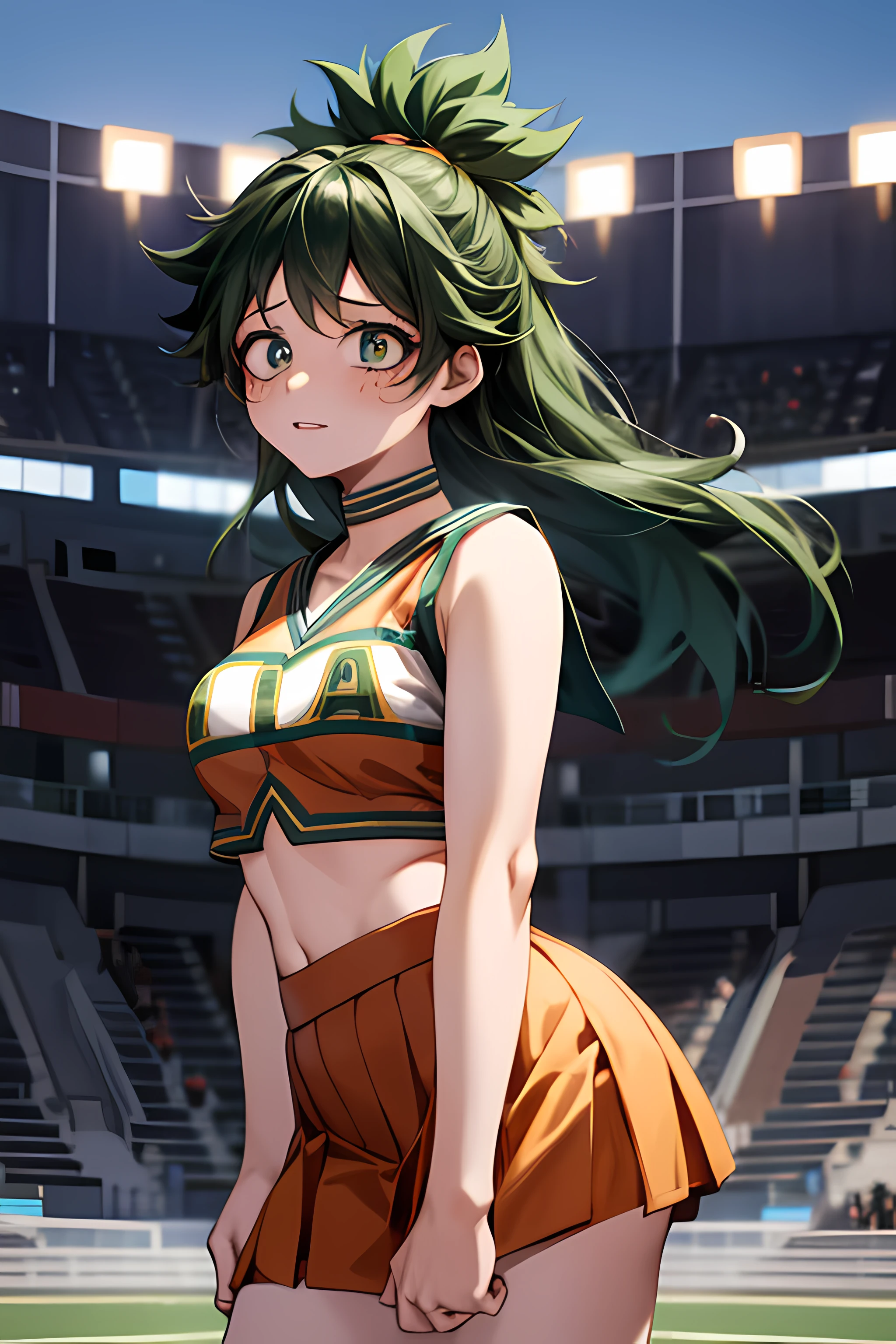 1 girl, Izuku Midoriya girl, female version, genderswap, U.A. CheerUniform, orange crop top, orange skirt, nervous face, stadium backdrop, green long hair, feminine features, feminine body, fine eyes, feminine lips, delicate nails, bright illumination, cinematic illumination,standing,  Leaning forward, arms at your waist, portrait, frontal view, cowboy shot,  looking at the viewer