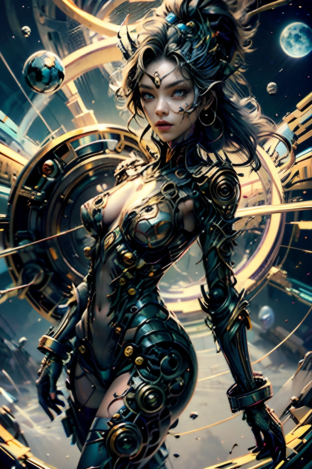(melhor qualidade,Ultra - Detalhado,best illustration,Melhor sombra,tmasterpiece,A high resolution,ProfissionalArtwork,obras de arte famosas),Olhos detalhados,Olhos belos,clivagem em close-up,scientific fiction,esclera colorida,robot eyes,marcas faciais,Tatuado com,(fractalizado,olhos fractais),olhos grandes,olhos arregalados,(foco ocular),Foco Sface,Cosmic eyes,Olhos espaciais,Close-up da escultura de metal de uma mulher Afro americana com uma lua em seu cabelo,deusas。Detalhe extremamente alto,Retrato da deusa 3D,Imagens extremamente detalhadas da deusa,Um retrato impressionante de uma deusa,Imagem lateral da deusa,Retrato de uma bela deusa,Retrato em close-up de corpo inteiro da deusa,hecate goddess,portrait of a norse moon goddess,goddess of space and time