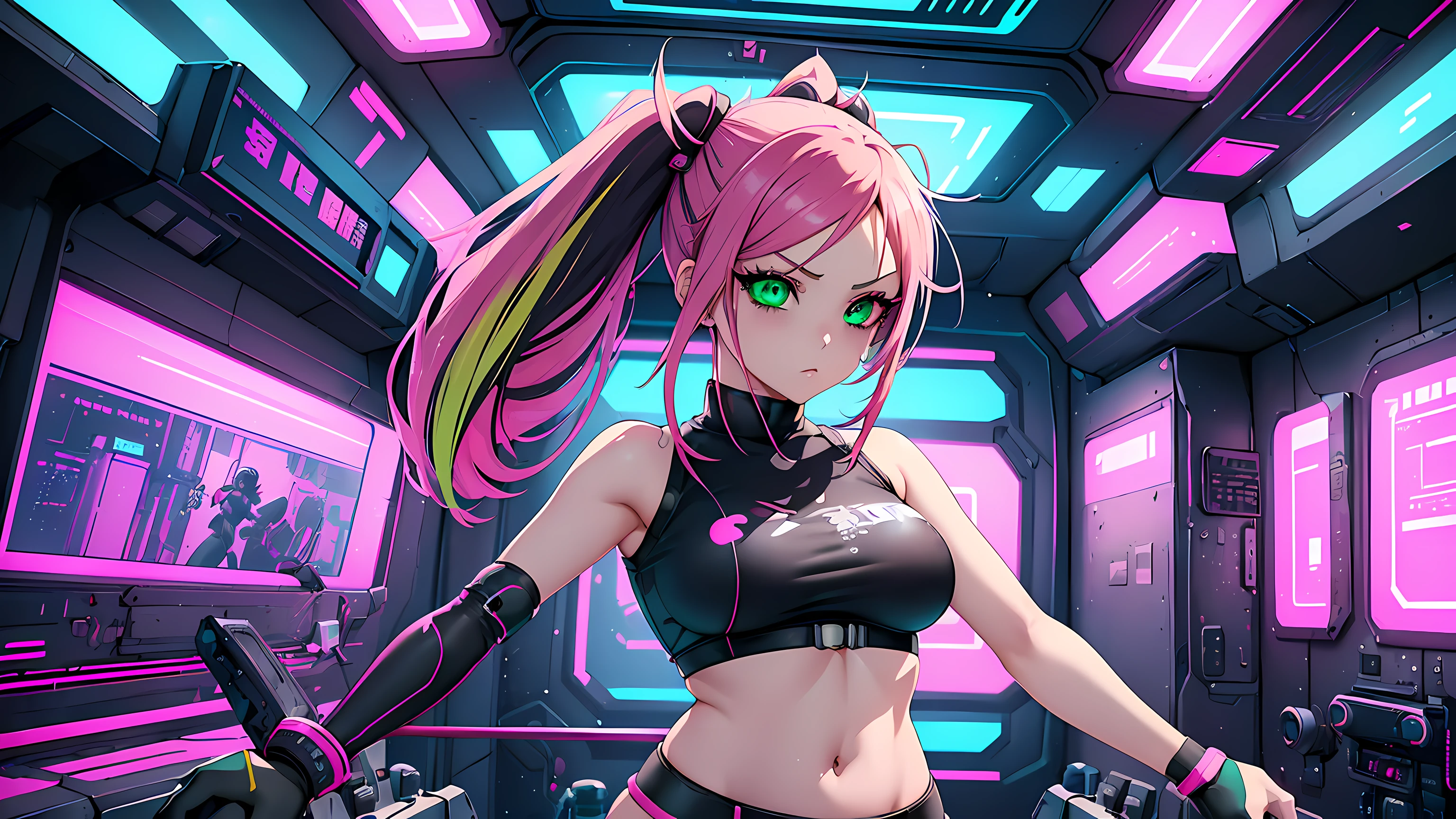 (masterpiece, best quality:1.3), 8k, official art, raw photo, absurdres, girl, (black hair, sleeveless, shiny black cyber body suit, lines on body, slender, arch back, spread legs:1.4), cowboy shot, sitting, thighs, ((glow:1.8)), (thick pink liquid dripping from body:1.6), pink bracelet, (open mouth, embarrassed, scared:0.5), sharp focus, highres, ultra detailed, finely detail, extremely detailed, detailed eyes and face, sharp pupils, realistic pupils, black eyes, dark room
