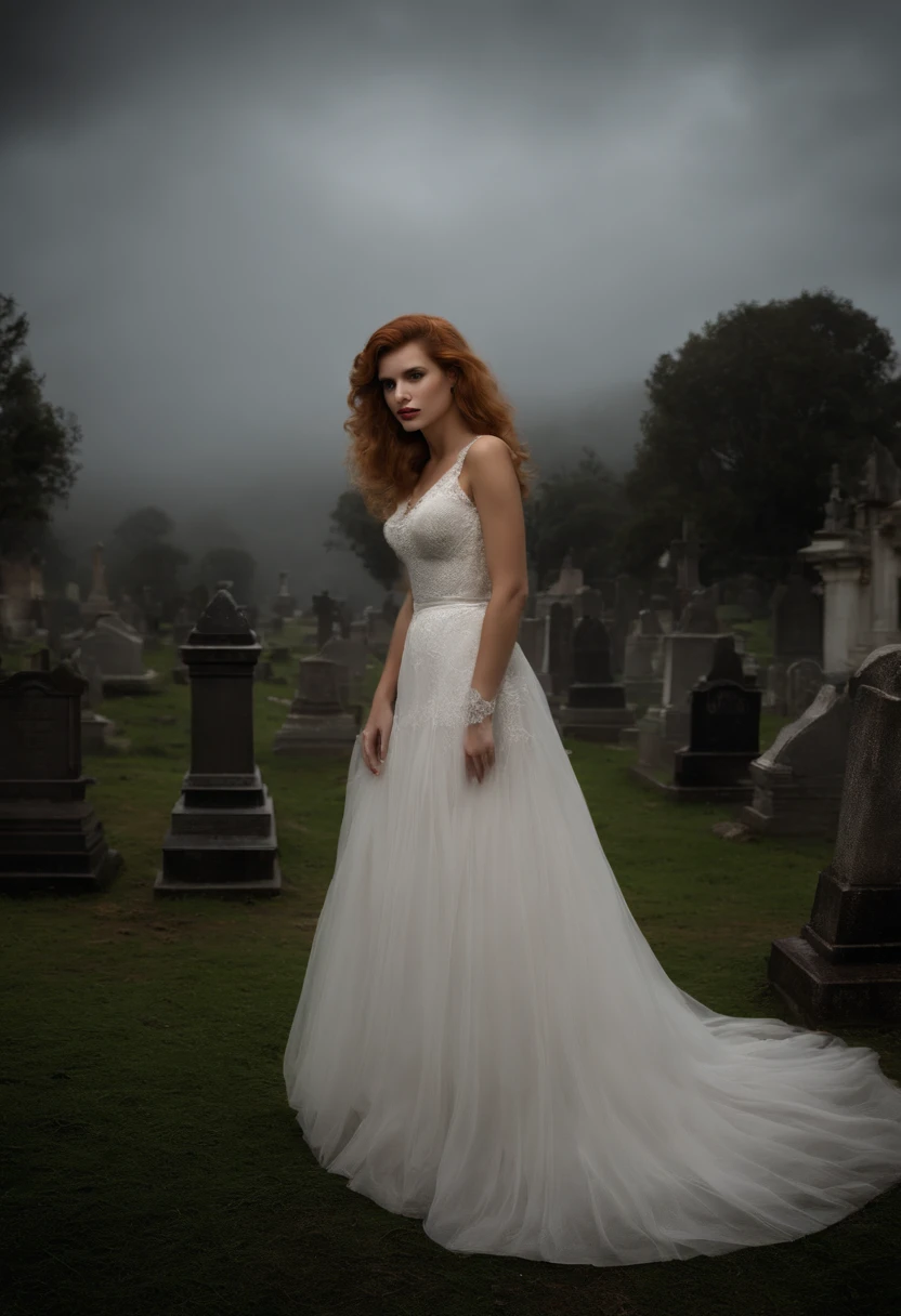 Cinematic images from the horror film Mario Bava, Full medium close-up, uma linda mulher de 18 anos parecida com Bella Thorne, longos cabelos ruivos, Pale and soft skin, rosto bonito e jovem, Sobrancelhas bem definidas, Olhos azuis claros, nariz delicado, plump, round lips, walks in a gothic cemetery at night wearing a white wedding dress, Fog and rainy condition, ghostly atmosphere, Anos 1600, (Alto Detalhe da Pele: 1.2), ultra-detalhado, photo-realistic, profundidade de campo, Cinematic lighting, imax camera, HDR, DTM, Full HD, 8k